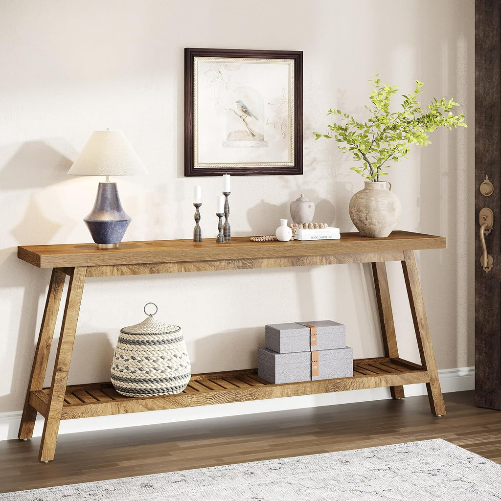Tribesigns Farmhouse Console Entryway Table: 70.9 Inches Extra Long Console Table for Entryway, 2-Tier Narrow Wood Foyer Sofa Couch Table for Hallway, Entrance, Living Room, Yellow Brown