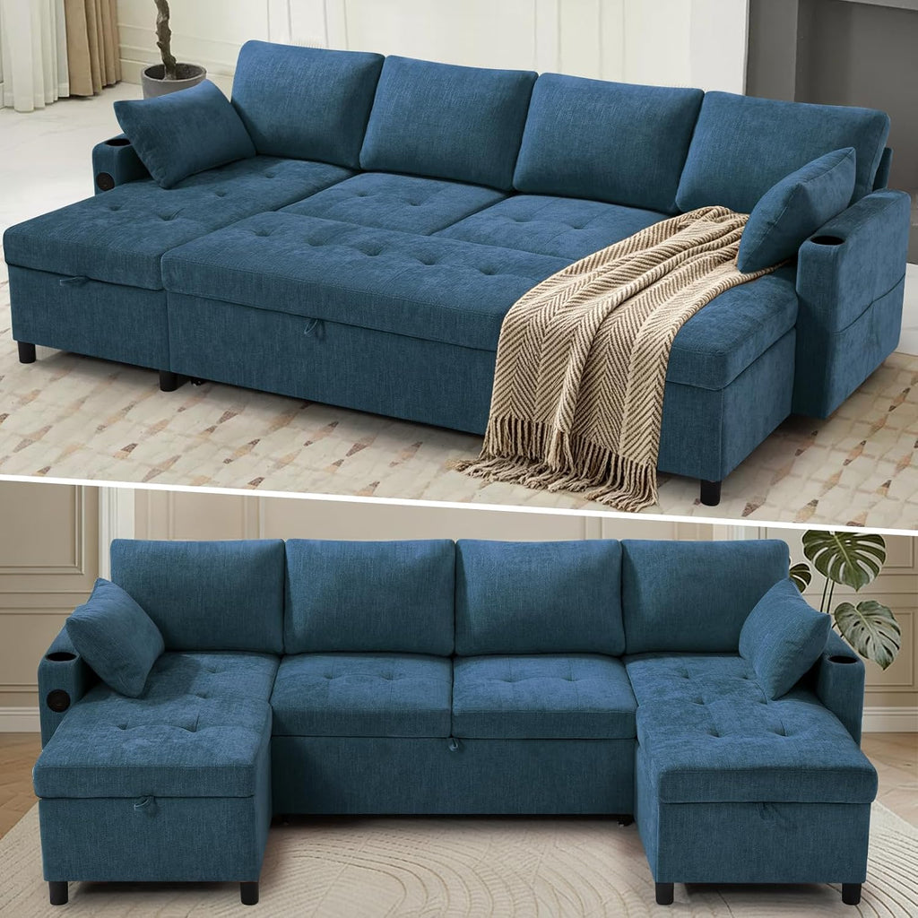 110' Sectional Pull Out Sofa Bed with Adjustable Backrests, U-Shaped Sleeper Sofa with USB Ports, Upholstered Reversible Couch with Cup Holder & Storage Space for Living Room, House, Blue