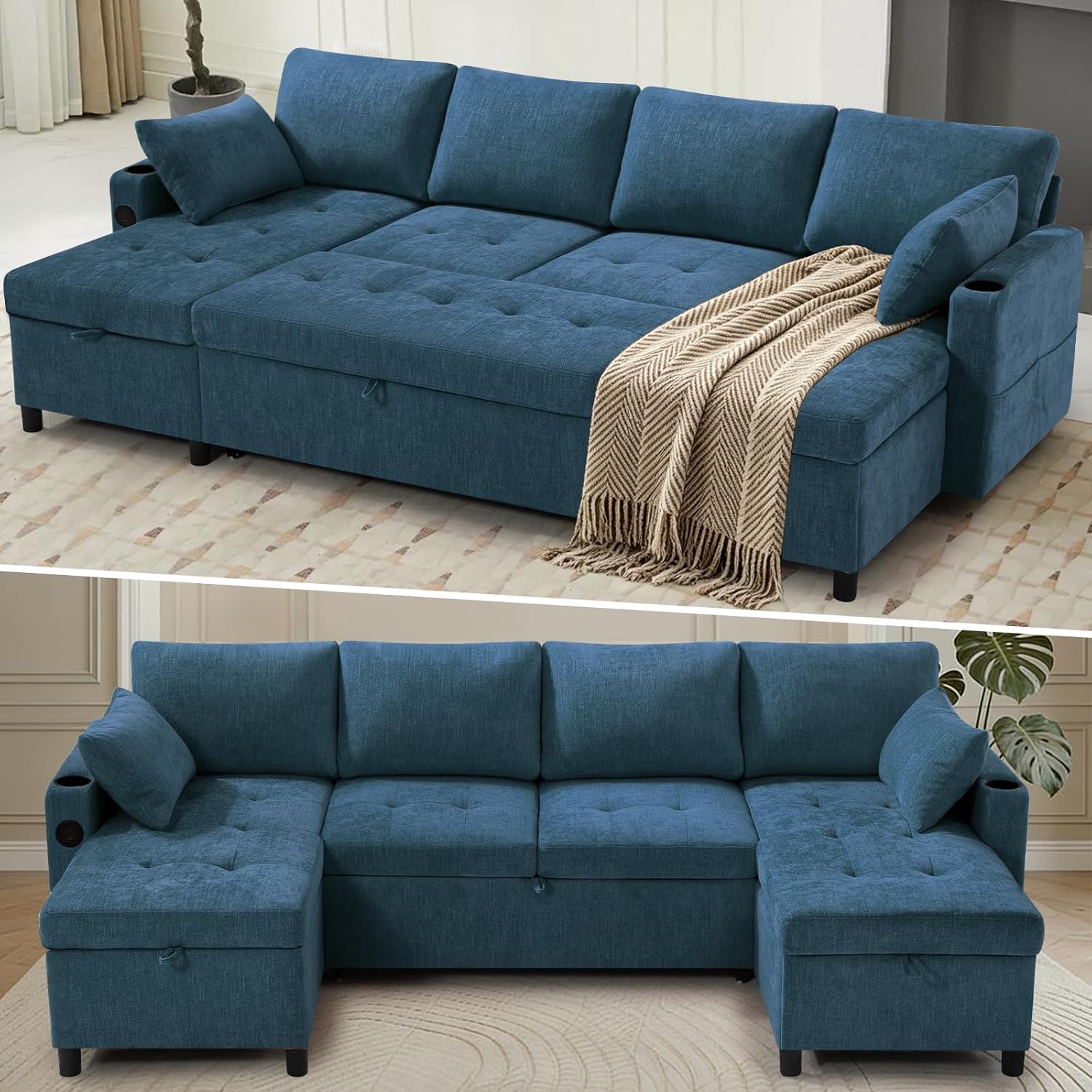 110' Sectional Pull Out Sofa Bed with Adjustable Backrests, U-Shaped Sleeper Sofa with USB Ports, Upholstered Reversible Couch with Cup Holder & Storage Space for Living Room, House, Blue