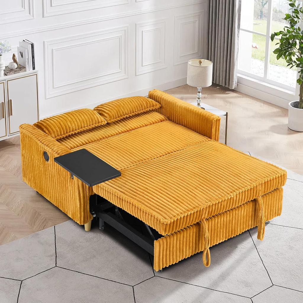 54'W Convertible Sleeper Sofa Bed,3-In-1 Corduroy Pull Out Couch Bed,Futon Loveseat Sleeper Couch with Adjustable Backrest & USB Port & Side Table,Recliner for Living Room/Office/Small Space(Yellow)