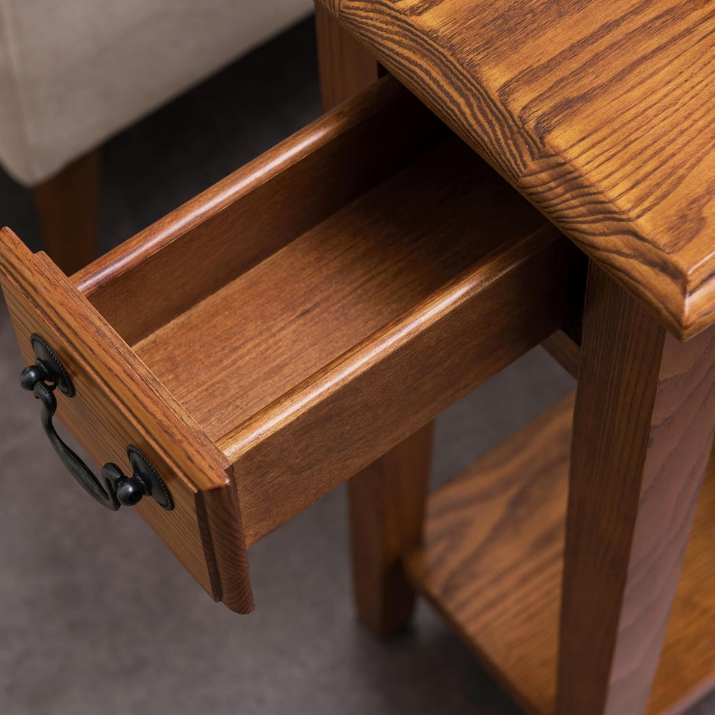 Leick Home Haven Ridge End Table, Solid Wood, 1 Storage Drawer, Bottom Display Shelf, Narrow, Easy-Assembly, Medium Oak, 24.0 in. L x 10.0 in. W x 24.0 in. H, 9017-MED