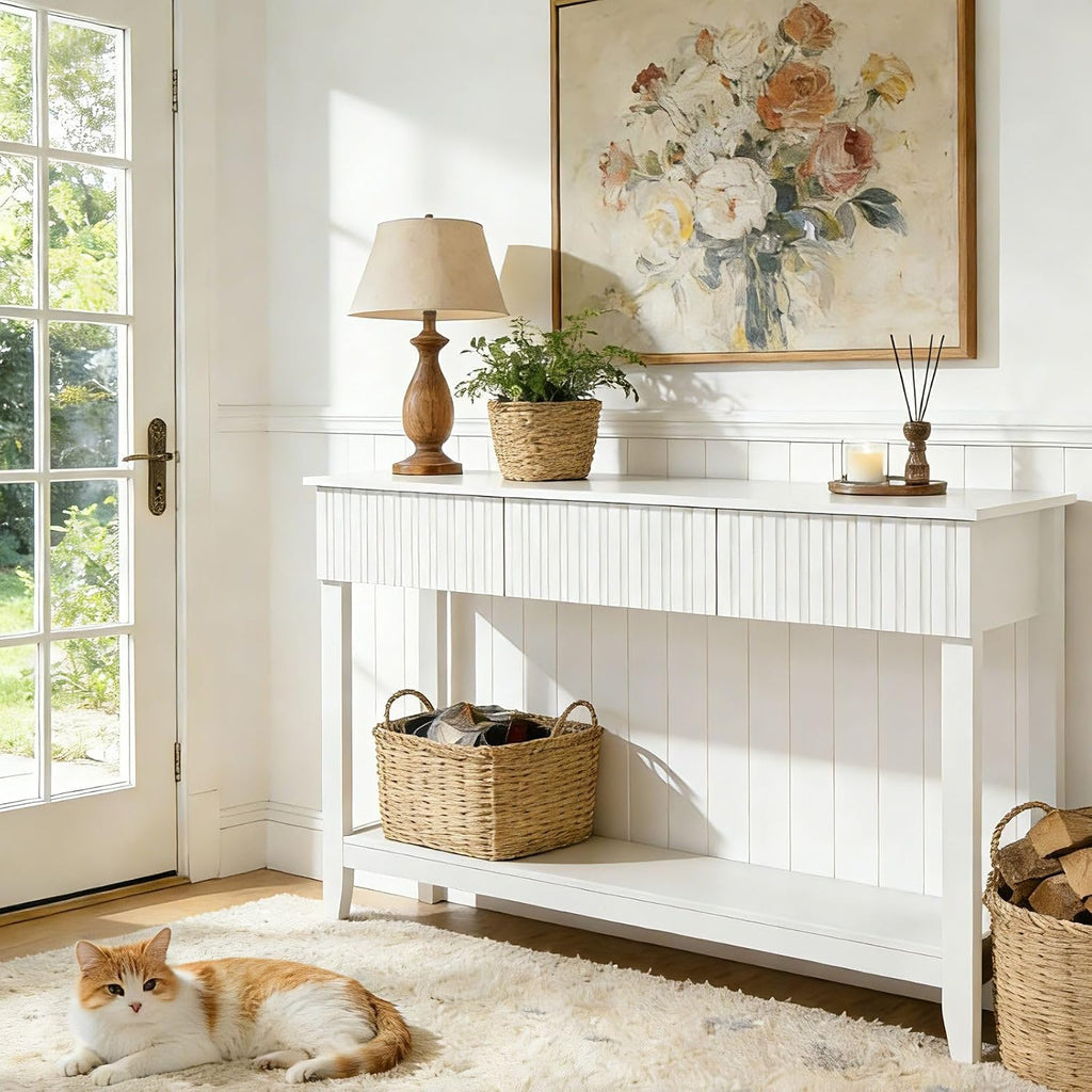 Karl home 51' White Console Table with 3 Fluted Drawers, Modern Sofa Table with Open Storage Shelf for Living Room, Foyer Hallway
