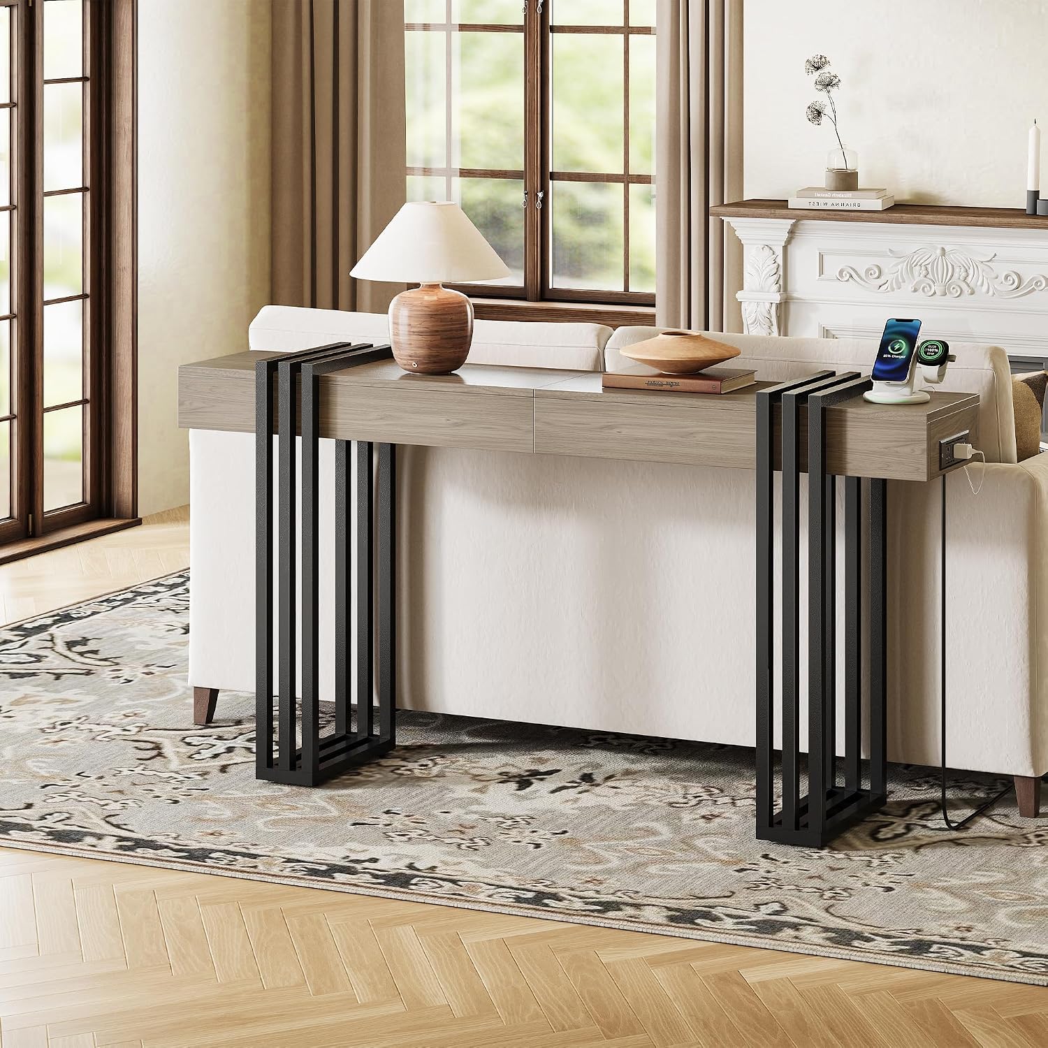 63' Long Console Table for Entryway - Behind Couch Table for Living Room, Wood Sofa Tables with Black Parallel Metal Frame & Power Outlet for Hallway, Entrance, Narrow Foyer, Light Walnut