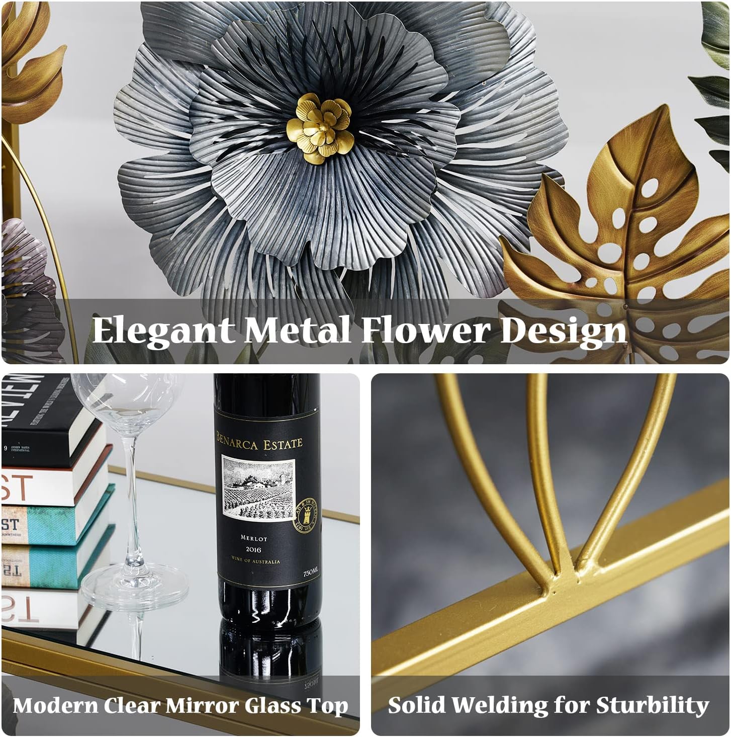 Lewahom Console Table, Vintage Art Sofa Table with Metal Flower Decor, Narrow Entryway Tables with Glass Mirror Tabletop Behind Sofa, Narrow Accent Table for Entryway Living Room Hallway Bedroom