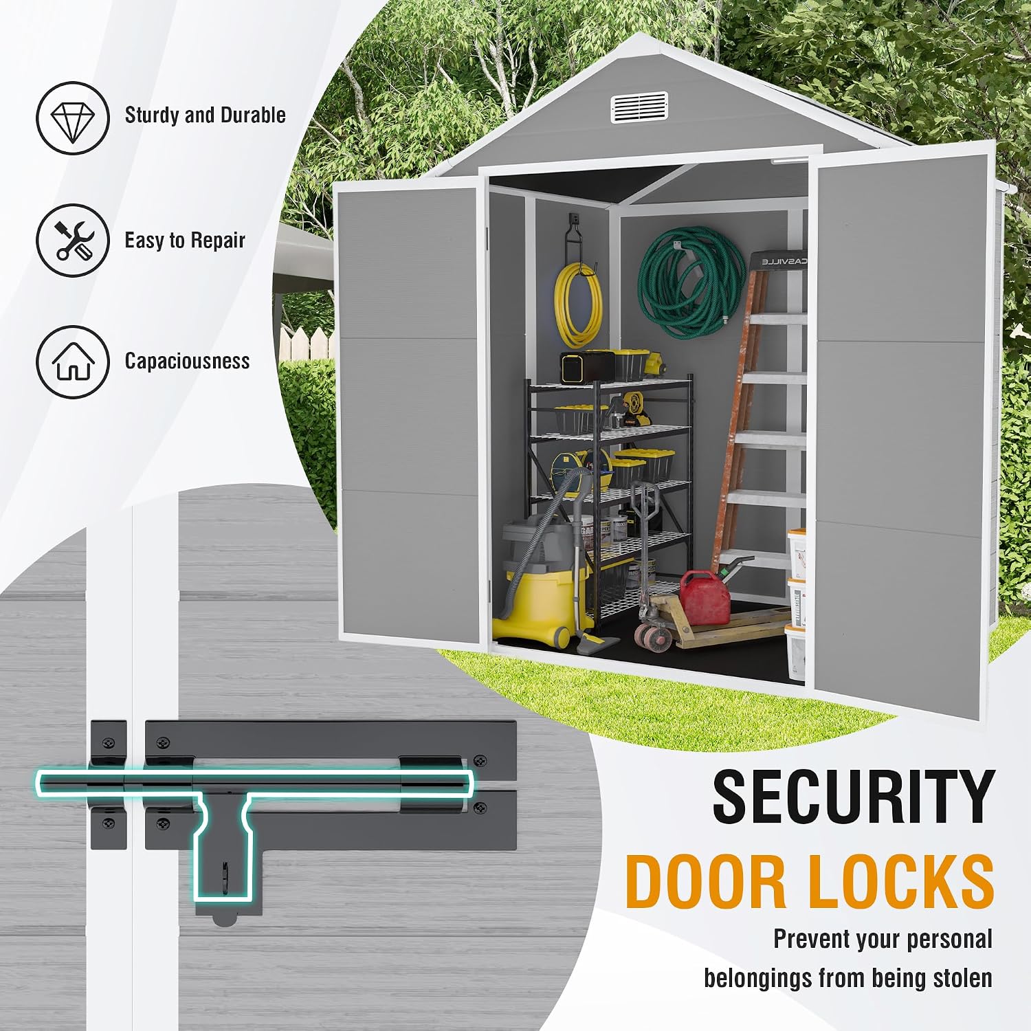 YOPTO 6x5 FT Resin Outdoor Storage Shed with Floor, All-Weather Plastic Shed with Lockable Doors, Window & Vents, Utility Plastic Tool Shed Storage House for Backyard, Patio, Light Grey