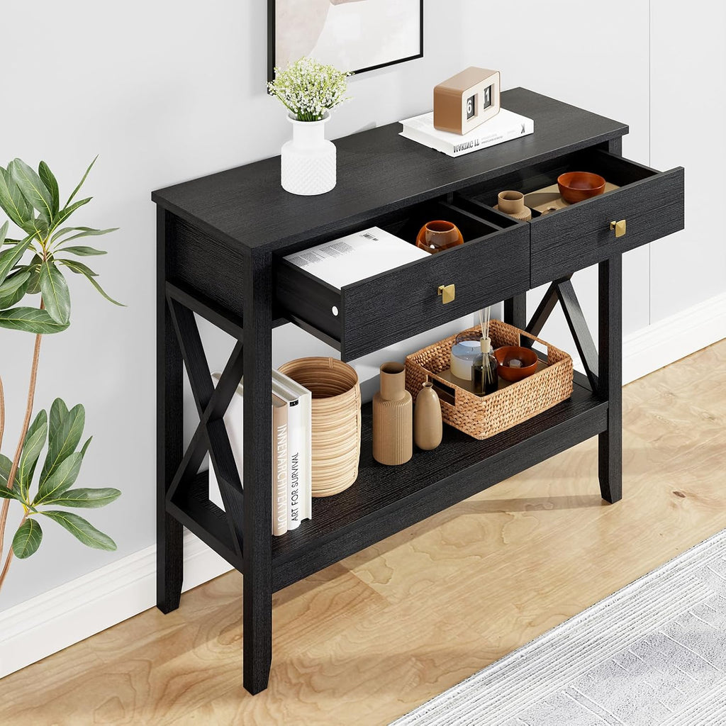 Lomojo Console Table,Sofa Table 13.8' D x 39.37' W x 31.5' HEntryway Table with 2 Drawers Storage Shelve Foyer Table for Entryway Farmhouse Hallway Tables (Black)