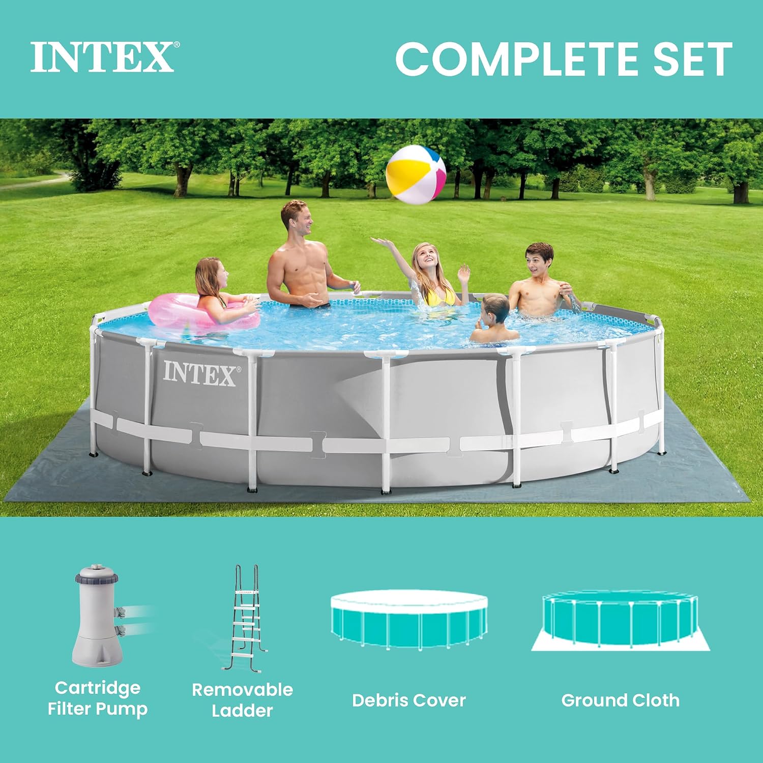 Intex 26723EH Prism Frame Premium Above Ground Swimming Pool Set: 15ft x 42in – Includes 1000 GPH Cartridge Filter Pump – Removable Ladder – Pool Cover – Ground Cloth
