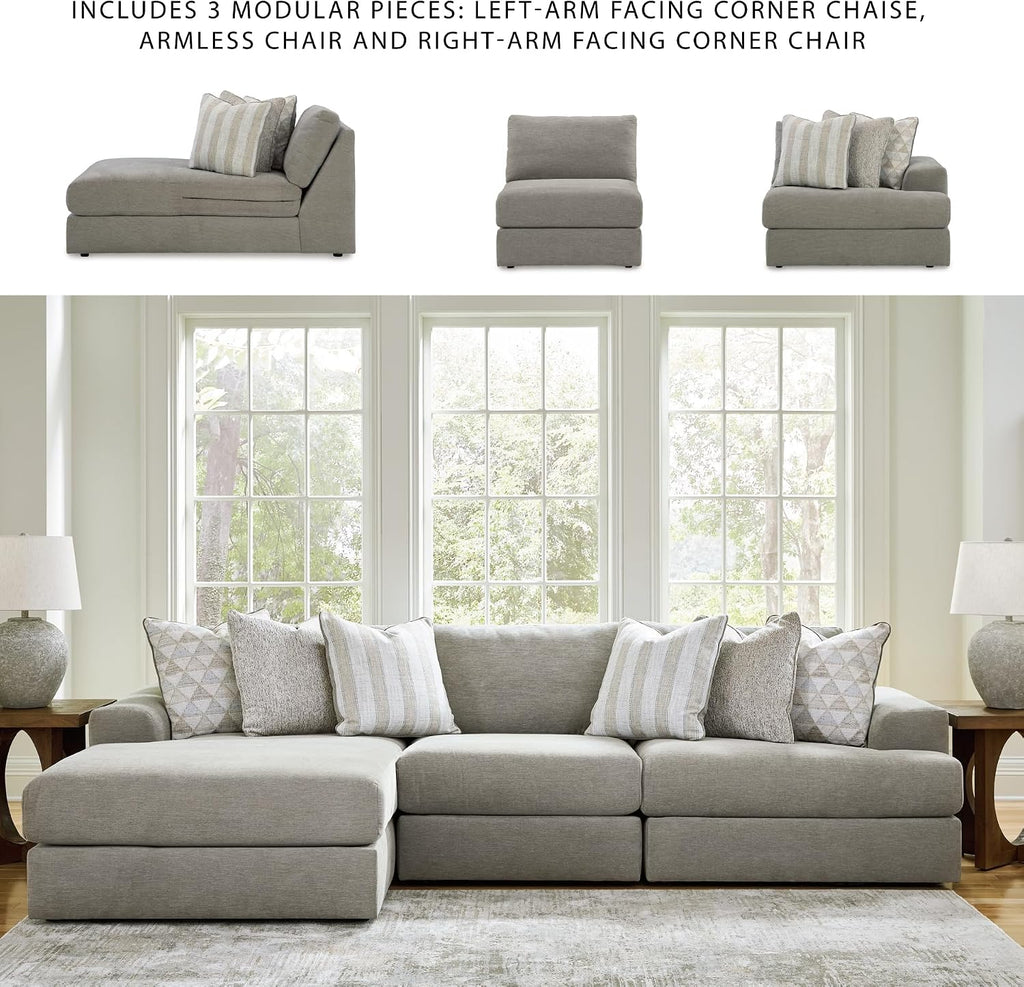 Signature Design by Ashley Avaliyah Casual L-Shaped 3-Piece Sectional with Chaise with Reversible Cushions and 6 Accent Pillows, Light Gray
