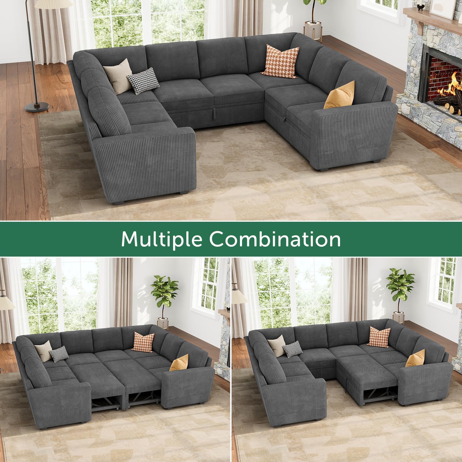 HONBAY Modular Sectional Pull Out Couch Bed, Corduroy Sleeper Sofa with Storage Seats, Oversized U Shaped Sectional Couches for Living Room, Dark Grey