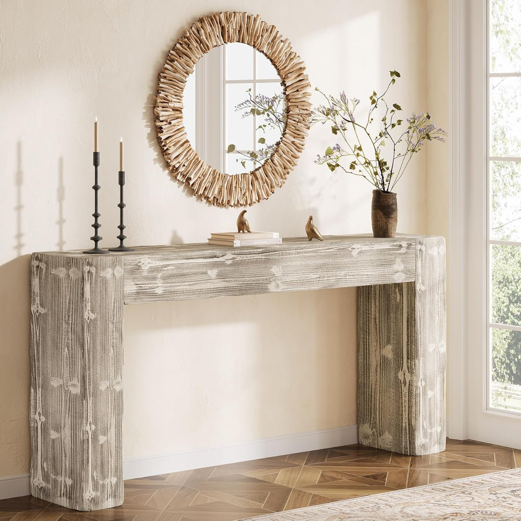 Solid Wood Console Table, 63-Inch Farmhouse Sofa Table Behind Couch for Entryway, Living Room, Foyer, Easy Assembly (Weathered Gray)