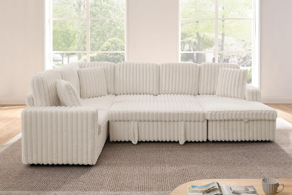 THSUPER 114-Inch Oversized U Shaped Plush Corduroy Fluffy Sectional Sleeper Sofa with Pull Out Bed and Storage Chaise Lounge - Beige