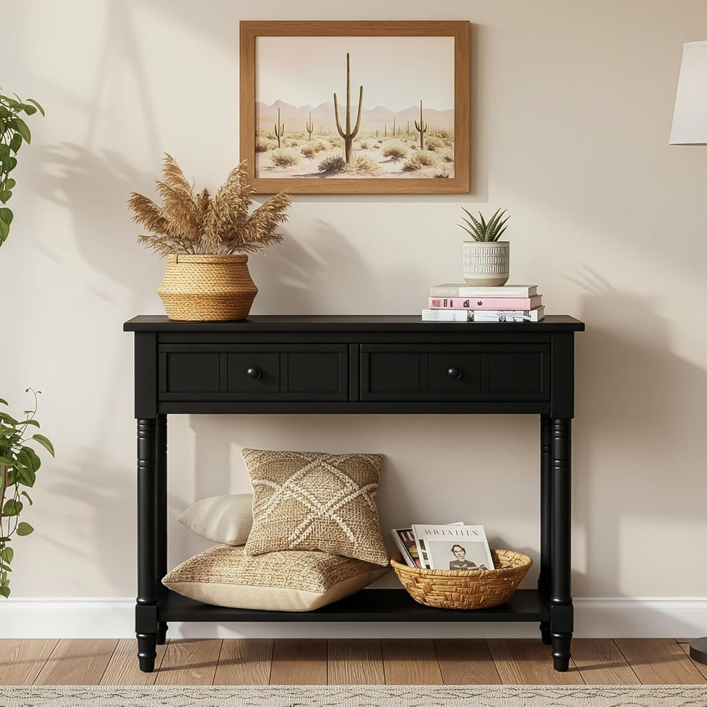 Knocbel Antique Entry Console Table with 2 Drawers & Bottom Open Shelf, Wood Sofa Tables for Entryway Hallway Living Room, 35.34' W x 13.8' D x 30.25' H, Black