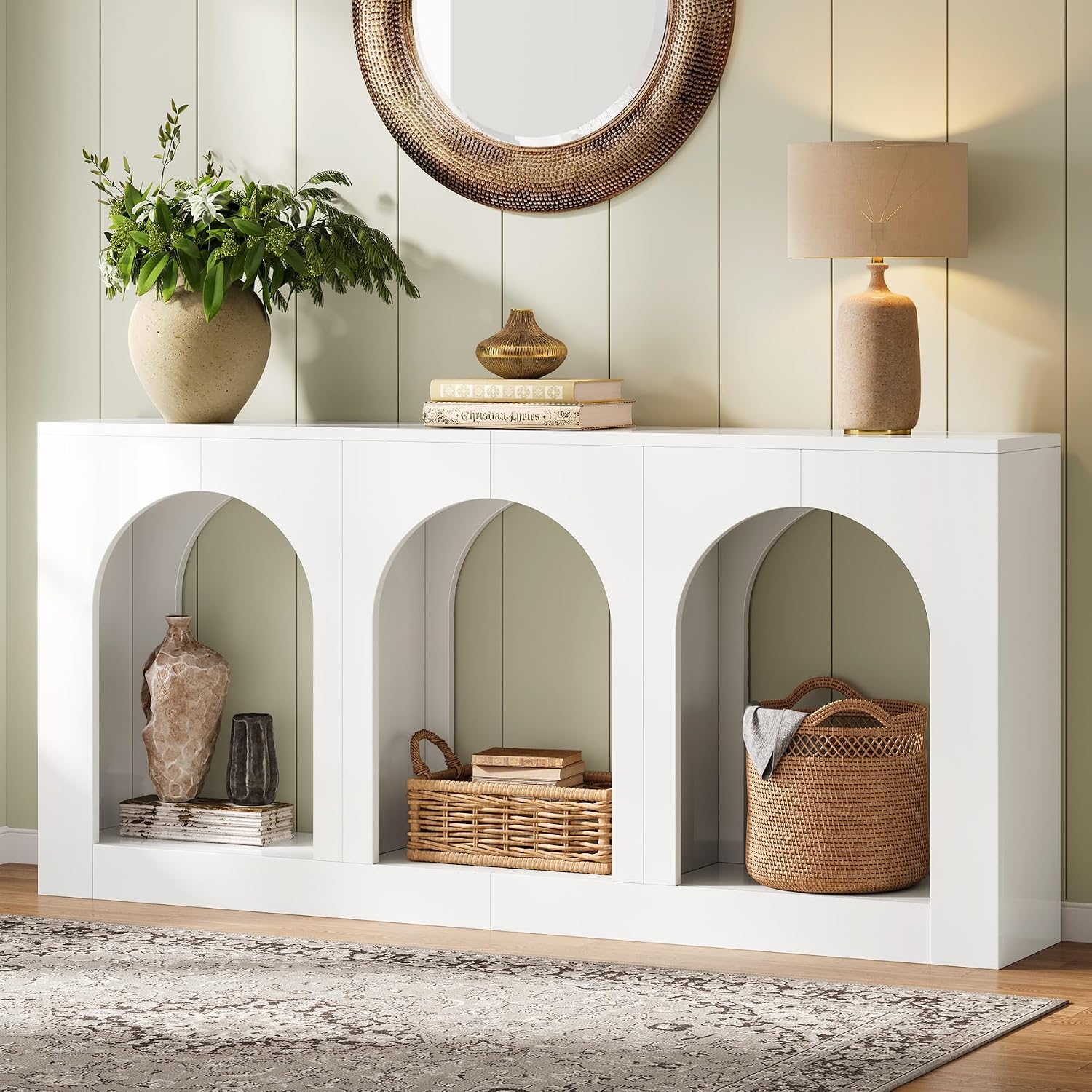 Tribesigns 70.9' White Console Table with Storage, Wood Entryway Entry Table with 3 Arched Shelves for Foyer, Hallway, Living Room, Behind Couch Sofa, Narrow Long
