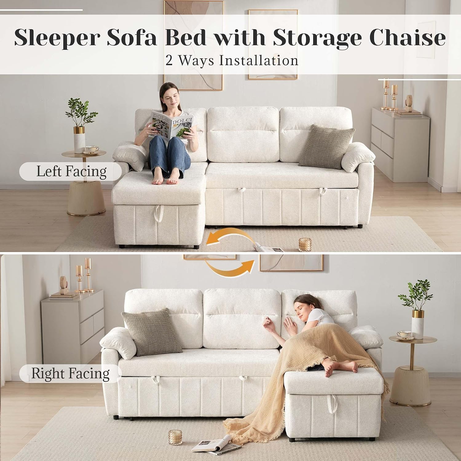 Tbfit 84'' Sleeper Sofa Bed, 3 in 1 Cloud Pull Out Sofa Couch with USB & Storage Chaise, Convertible Sofa Bed with Pull Out Bed, Couches for Living Room, Apartment, Office, White Sherpa