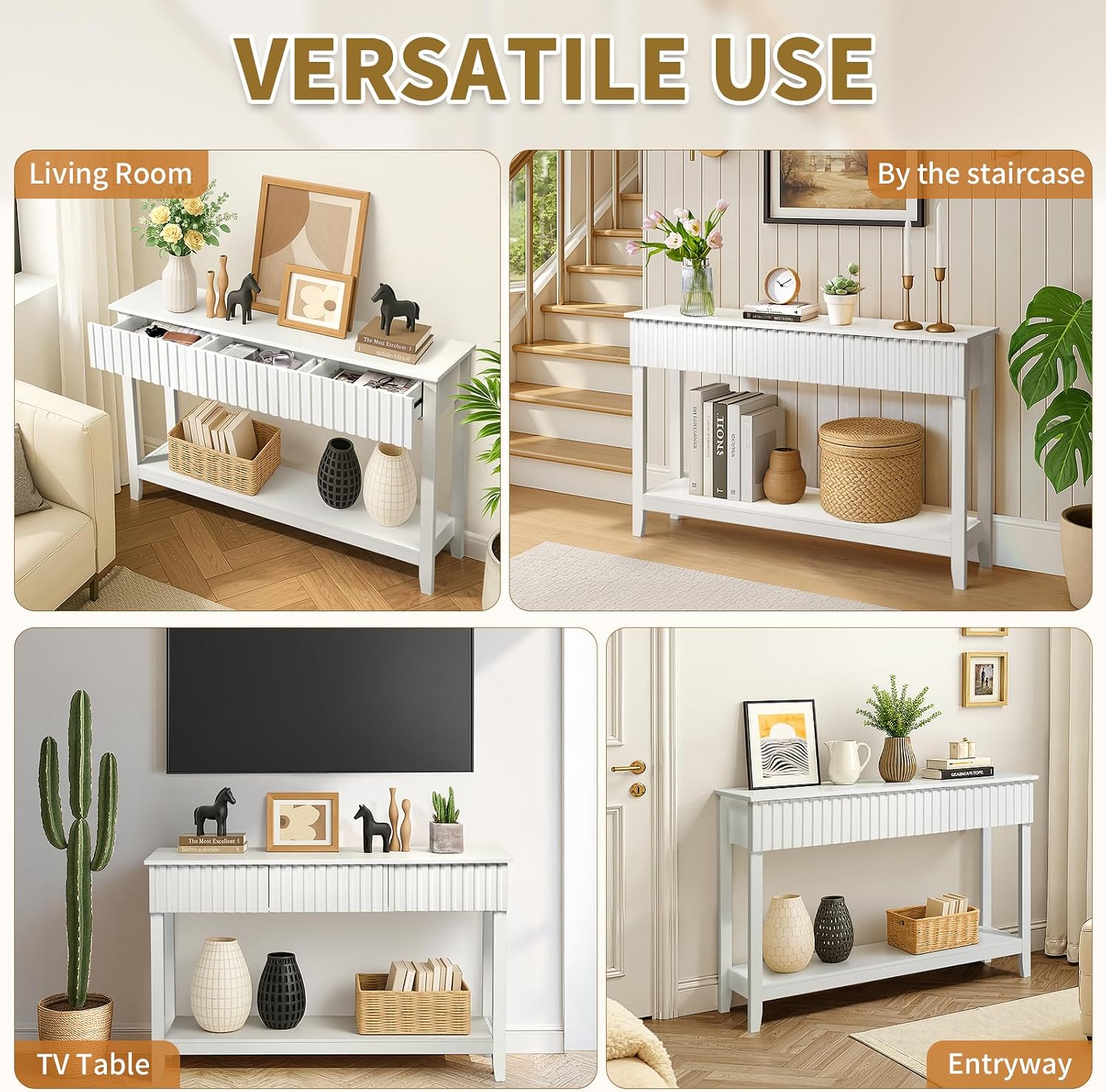 Karl home 51' White Console Table with 3 Fluted Drawers, Modern Sofa Table with Open Storage Shelf for Living Room, Foyer Hallway