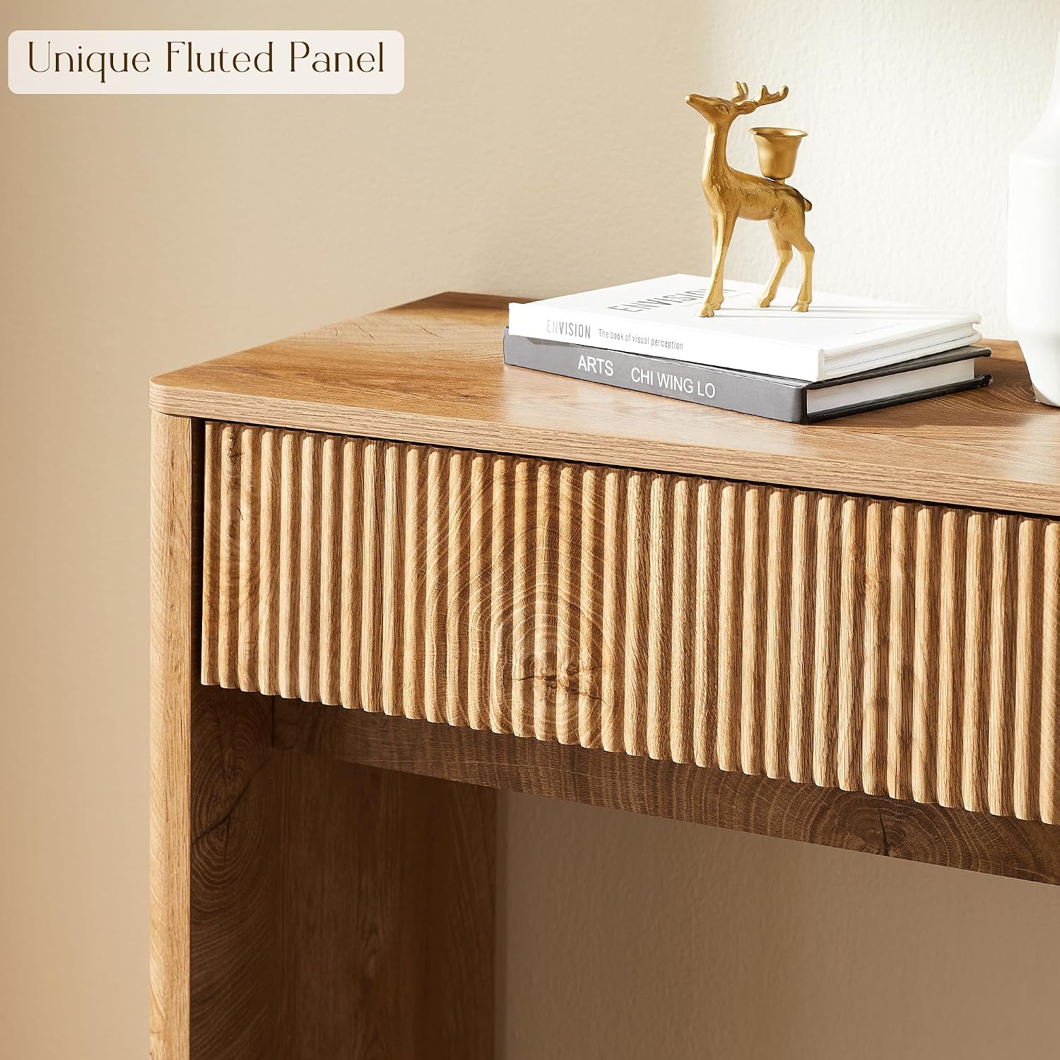OKD 63' Fluted Console Table for Entryway, Modern Entryway Table with 2 Large Drawers, Long Sofa Table Behind Couch for Living Room, Hallway, Couch, Foyer，Light Knotty Oak