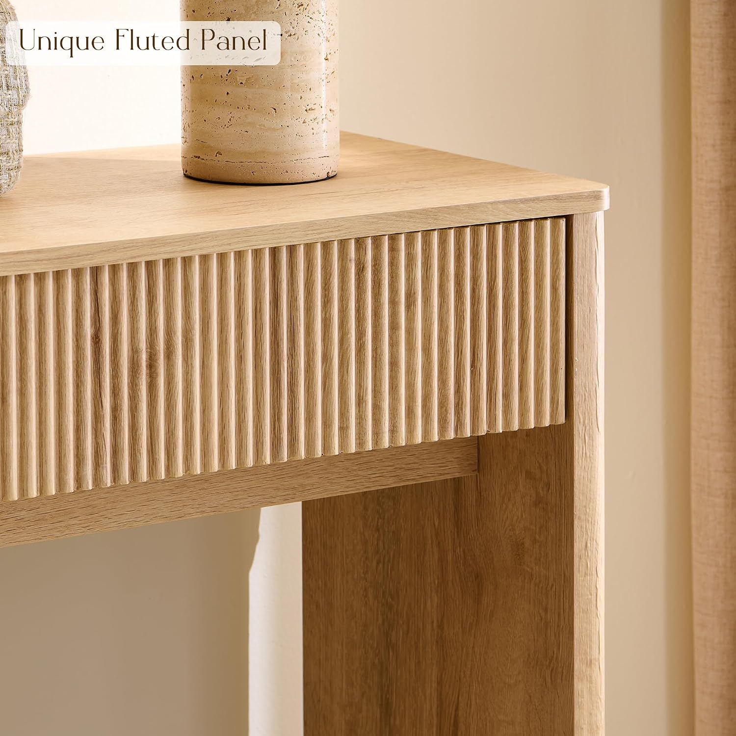 OKD 63' Fluted Console Table for Entryway, Modern Entryway Table with 2 Large Drawers, Long Sofa Table Behind Couch for Living Room, Hallway, Couch, Foyer，Natural Oak