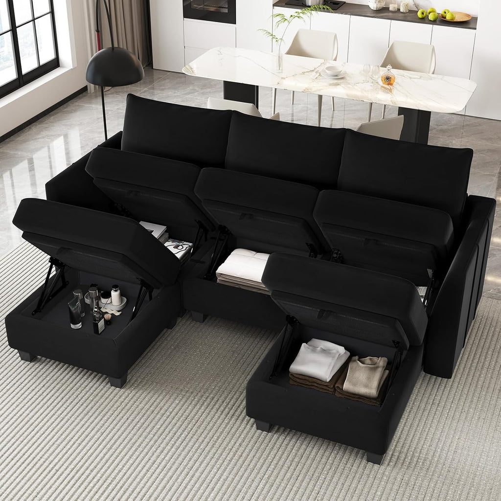 Belffin Modular Sectional Sofa with Double Chaise Velvet U Shaped Sofa Reversible Sectional Couch with Storage Black