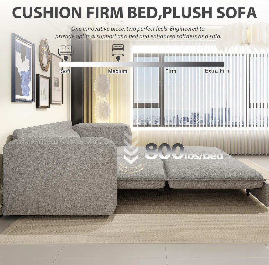 93' Sleeper Sofa Bed King Size, Teddy Pull Out Couch, 3 in 1 Convertible Futon Couches, Modern Deep Seat Daybed with 2 Pillows, Recliner Loveseat for Living Room, Apartment, Office, Grey