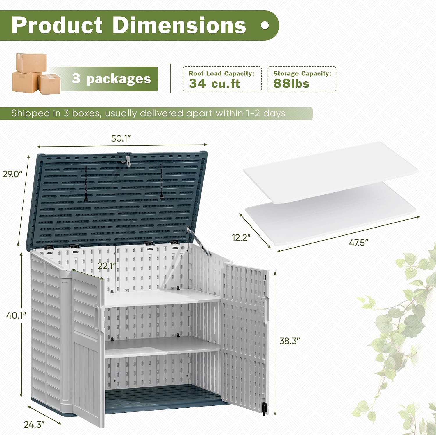 JUMMICO Resin Outdoor Storage Shed, 34 Cu Ft Horizontal Storage Cabinet with Shelves for Trash Cans, Garden Tools, Pool Supplies (Beige)