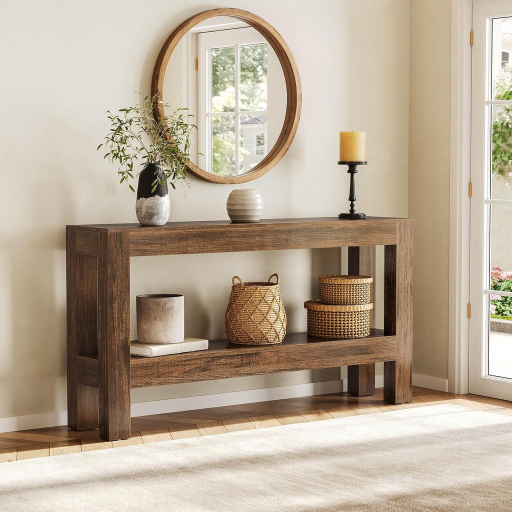 LITTLE TREE 63-Inch Wood Entryway Table, Long Farmhouse Narrow Console Table for Living Room, Hallway, Sofa, Entry, Entrance, Foyer, Behind Couch with 2-Tier Shelves, Brown