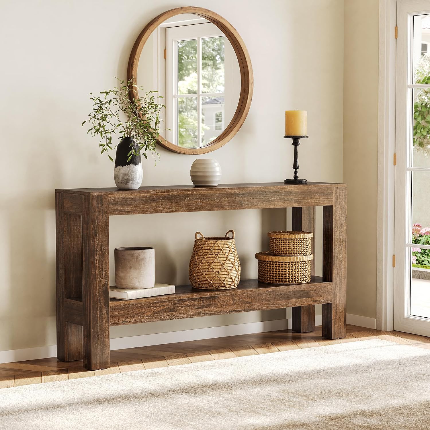 LITTLE TREE 63-Inch Wood Entryway Table, Long Farmhouse Narrow Console Table for Living Room, Hallway, Sofa, Entry, Entrance, Foyer, Behind Couch with 2-Tier Shelves, Brown