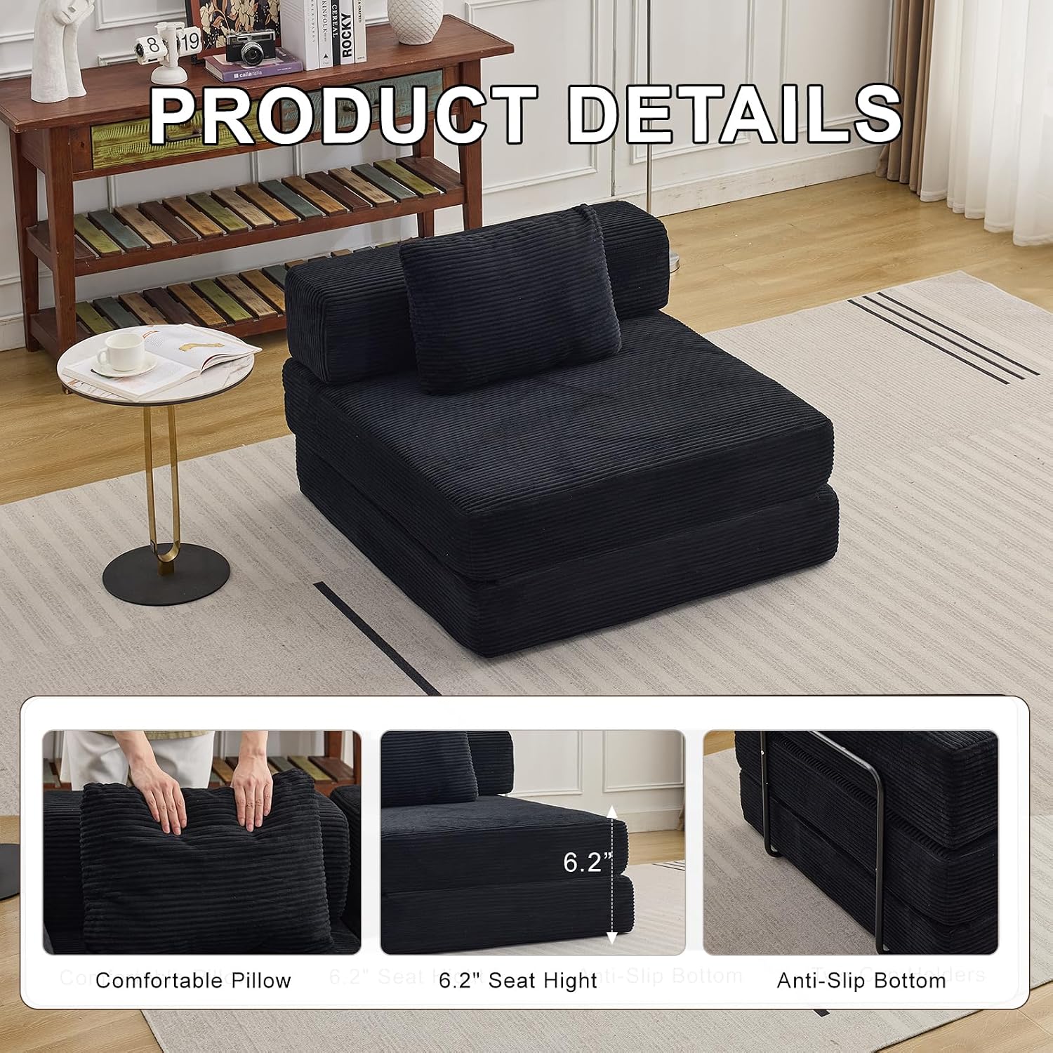 Folding Sofa Bed, Convertible Sleeper Chair with Pillow, Single Sofa with Back Support, Portable Fold Out Chair Cloud Couch Bed, Comfy Floor Sofa Lounge for Living Room Bedroom, Black