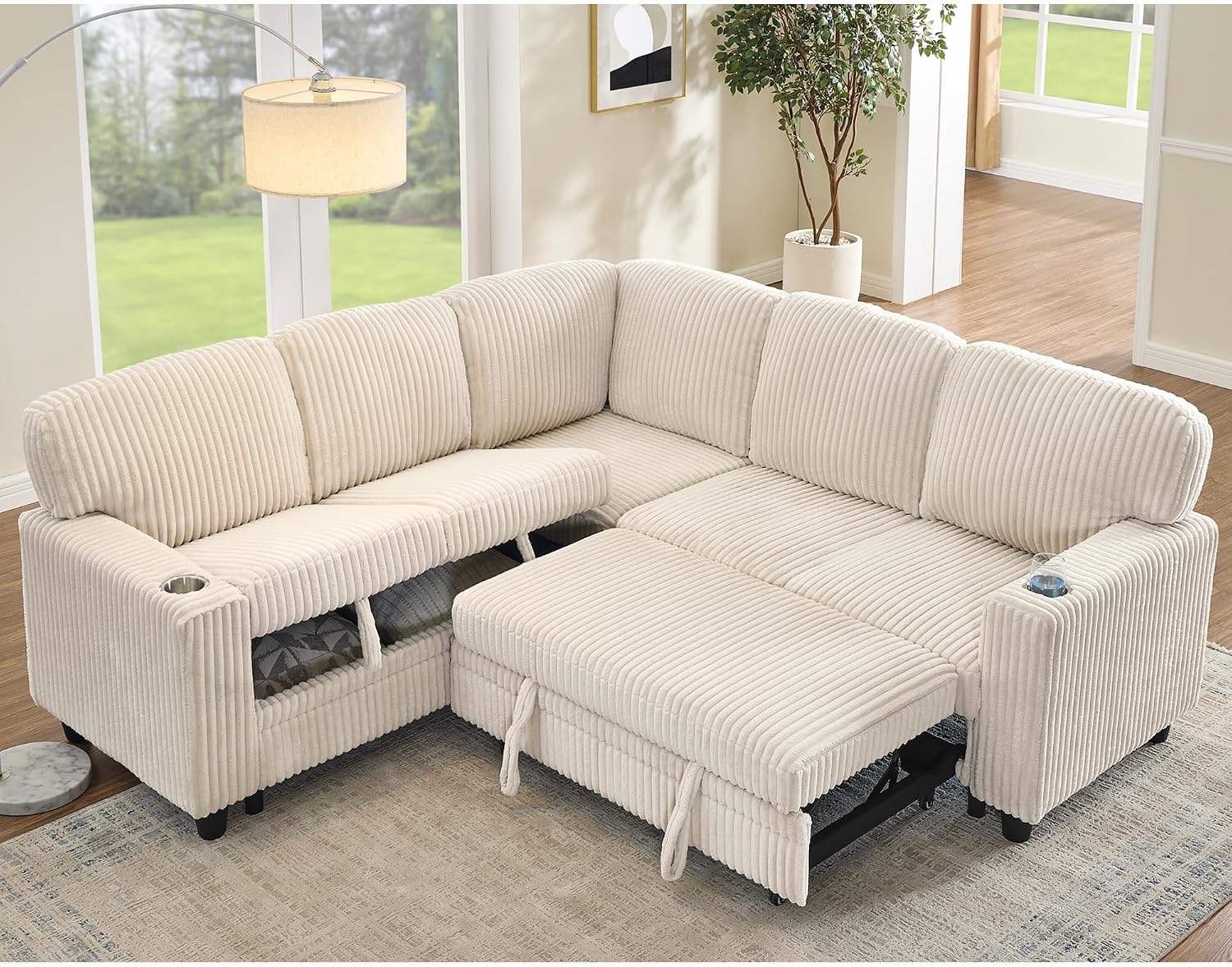 L-Shaped Sectional Couch with Storage and Pull Out Bed, Convertible Sofa Bed with USB Charging and Cup Holders, 5-Seat Modular Sleeper Sofas Convertible Couches for Living Room, Beige