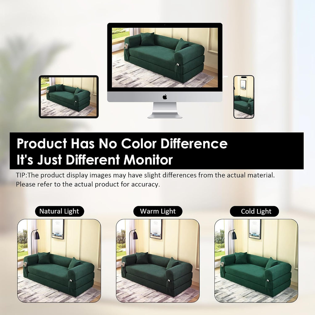 80' Convertible Sofa Bed, 3-in-1 Corduroy Folding Pull Out Couch with Pillows, No Assembly Modern Boneless Couch Compression Sofa in Box, Floor Sofa with Side Storage Pocket for Living Room,Dark Green