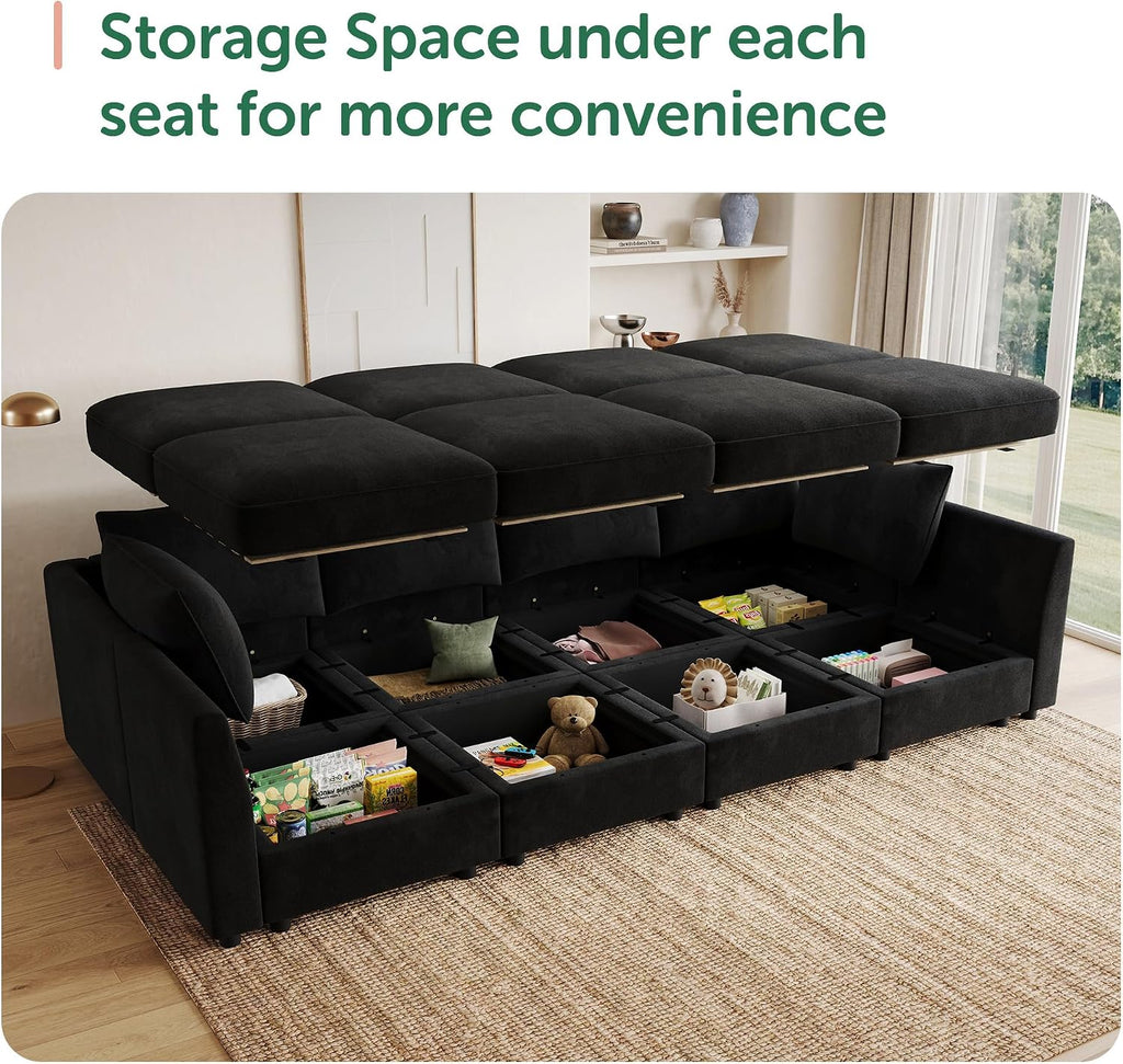 HONBAY Modular Sectional Sofa Velvet Sleeper Couch with Storage Seats Oversized Sectional Couches for Living Room,Black