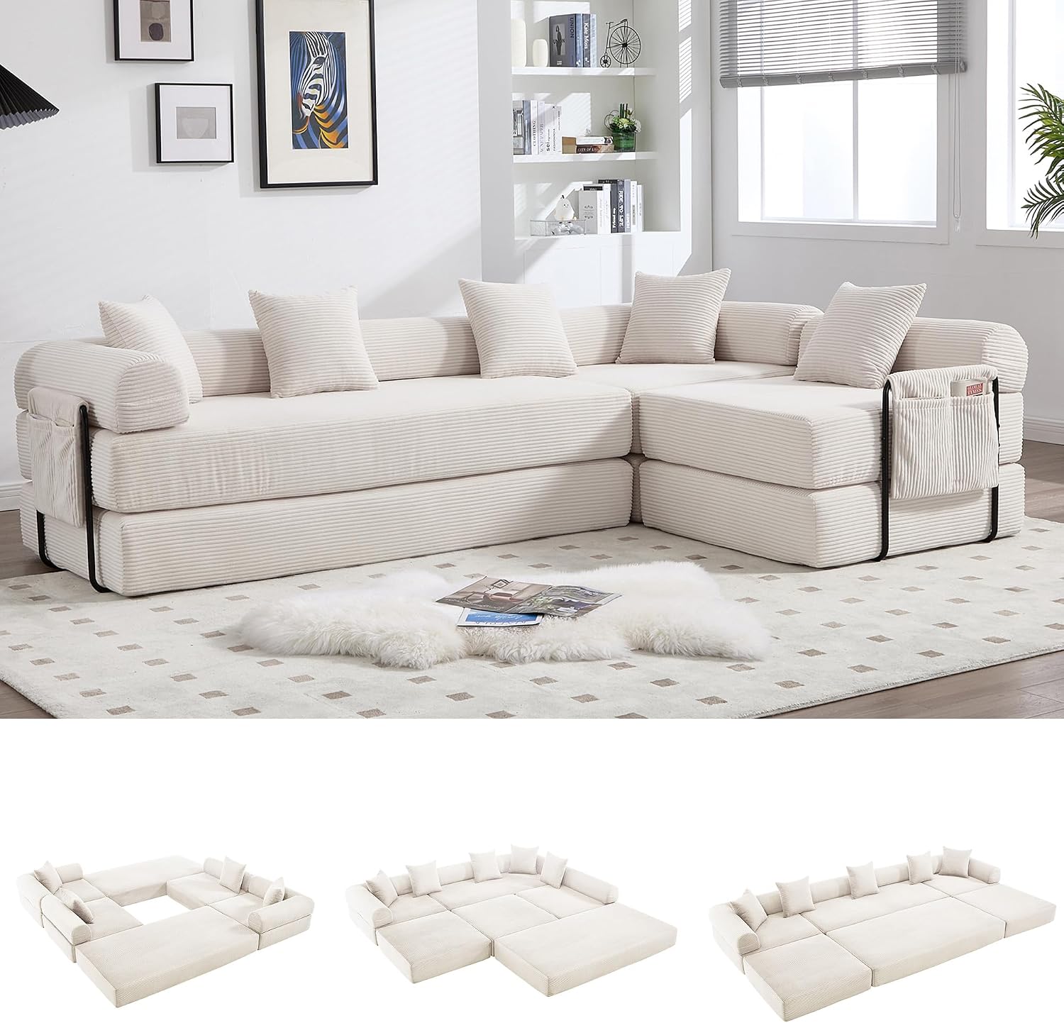 Oversized Modular Cloud Couch for Living Room, Corduroy L-Shaped Sectional Sleeper Sofa Bed with Fixed-Shape Frame, Modern Boneless Couch with Pillows & Storage, Beige White