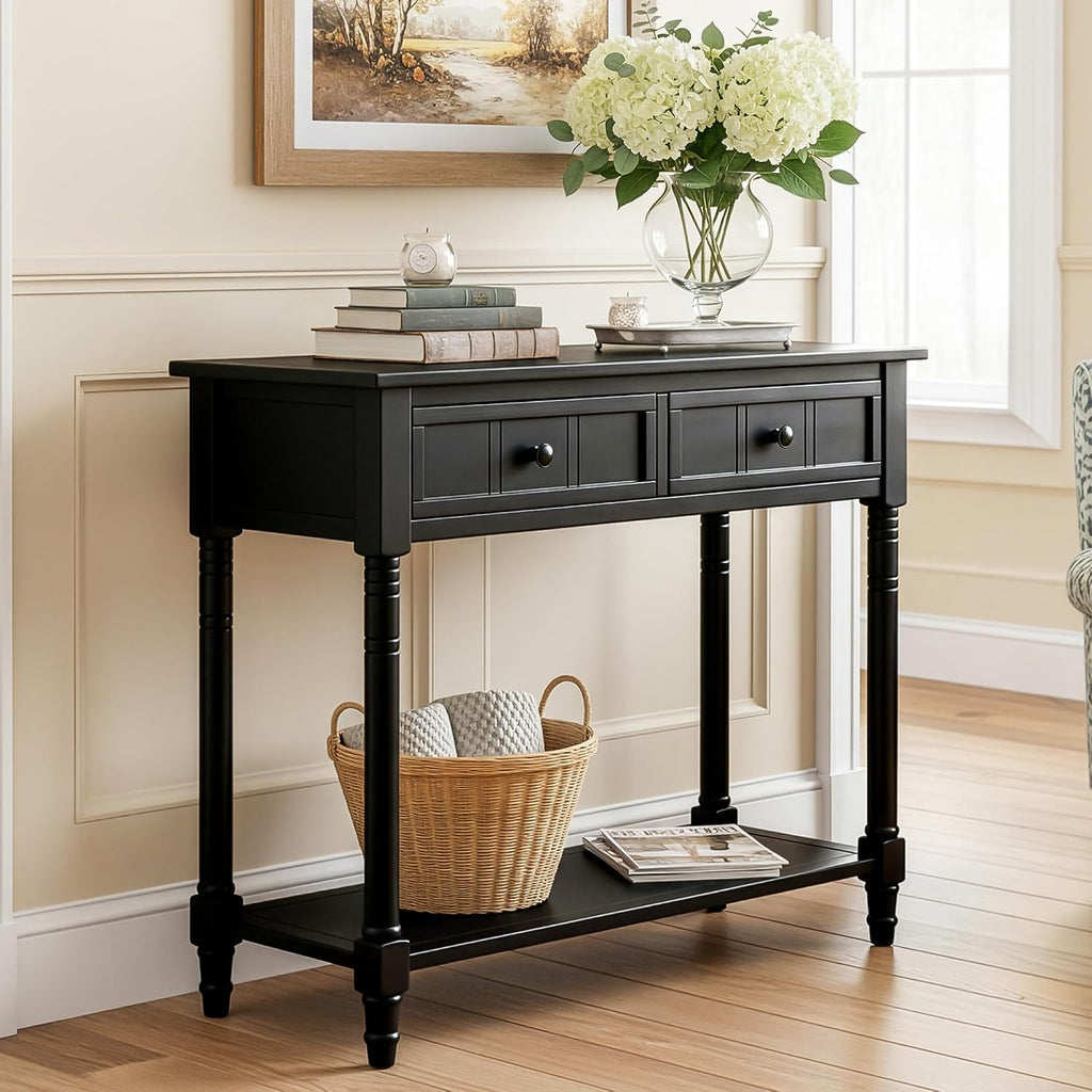 Knocbel Antique Entry Console Table with 2 Drawers & Bottom Open Shelf, Wood Sofa Tables for Entryway Hallway Living Room, 35.34' W x 13.8' D x 30.25' H, Black
