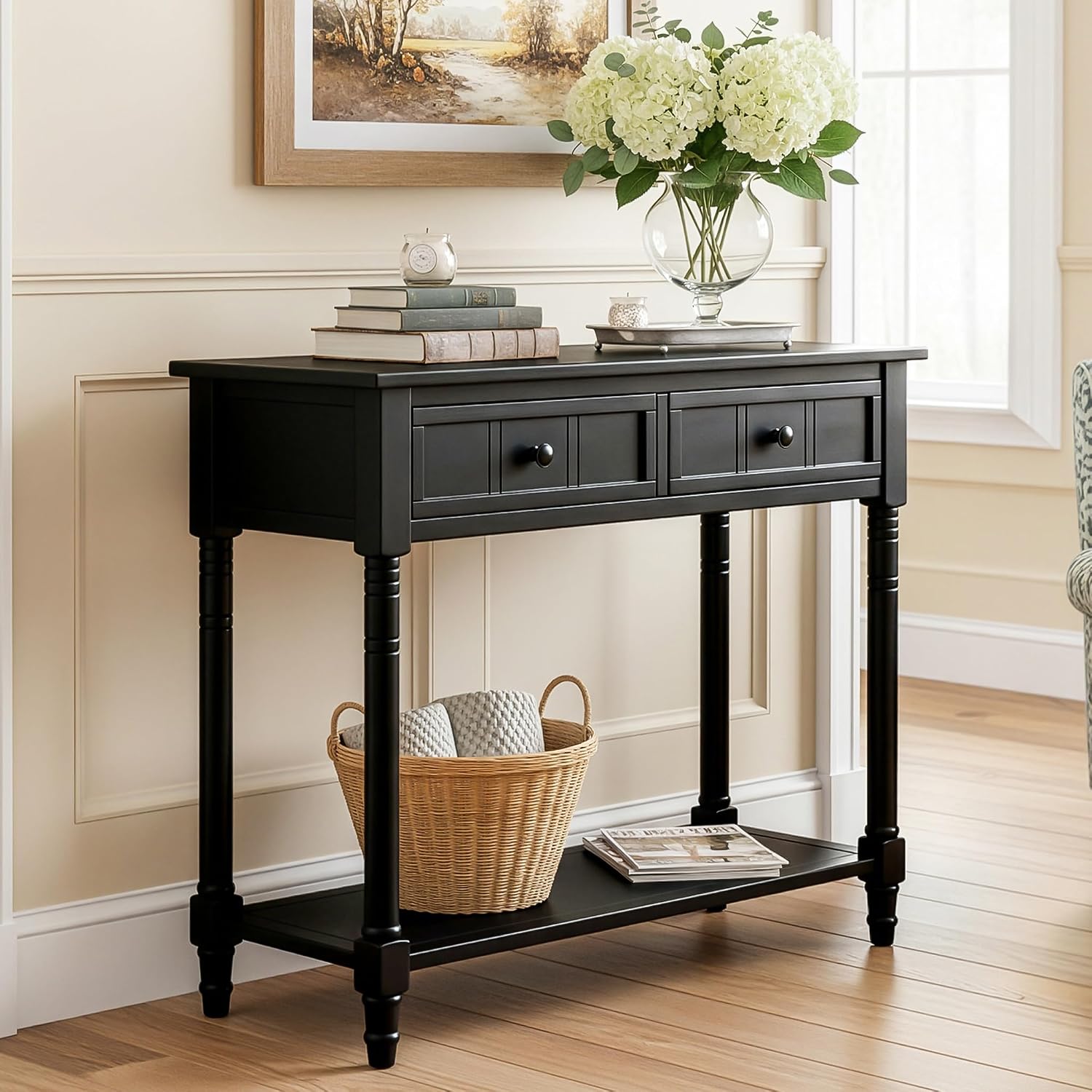 Knocbel Antique Entry Console Table with 2 Drawers & Bottom Open Shelf, Wood Sofa Tables for Entryway Hallway Living Room, 35.34' W x 13.8' D x 30.25' H, Black