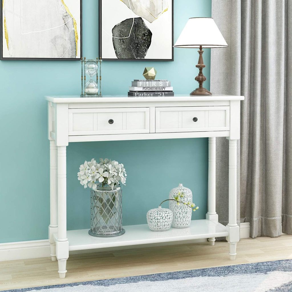 Knocbel 35.5 Inch Antique Entry Console Table with Drawers & Bottom Open Shelf, Solid Wood Sofa Couch Table for Entryway Hallway Living Room (Ivory White)