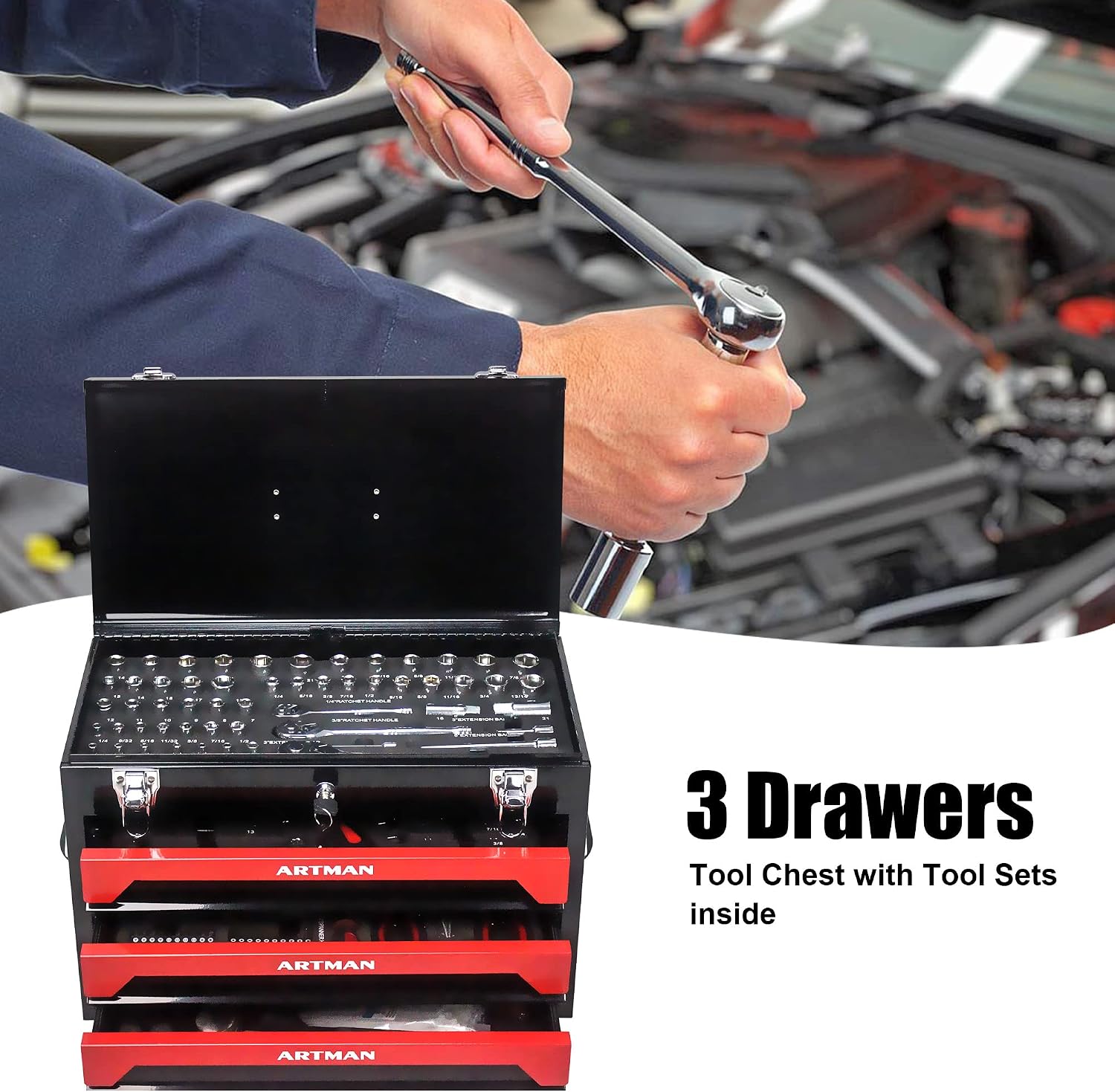 439 Piece Mechanics Tool Set, 3 Drawer Heavy Duty Metal Box with Household Tool Kit, Portable Tool Organizer Case for Auto Repair, Garage, Warehouse, Workshop, Repair Shop (Red & Black)