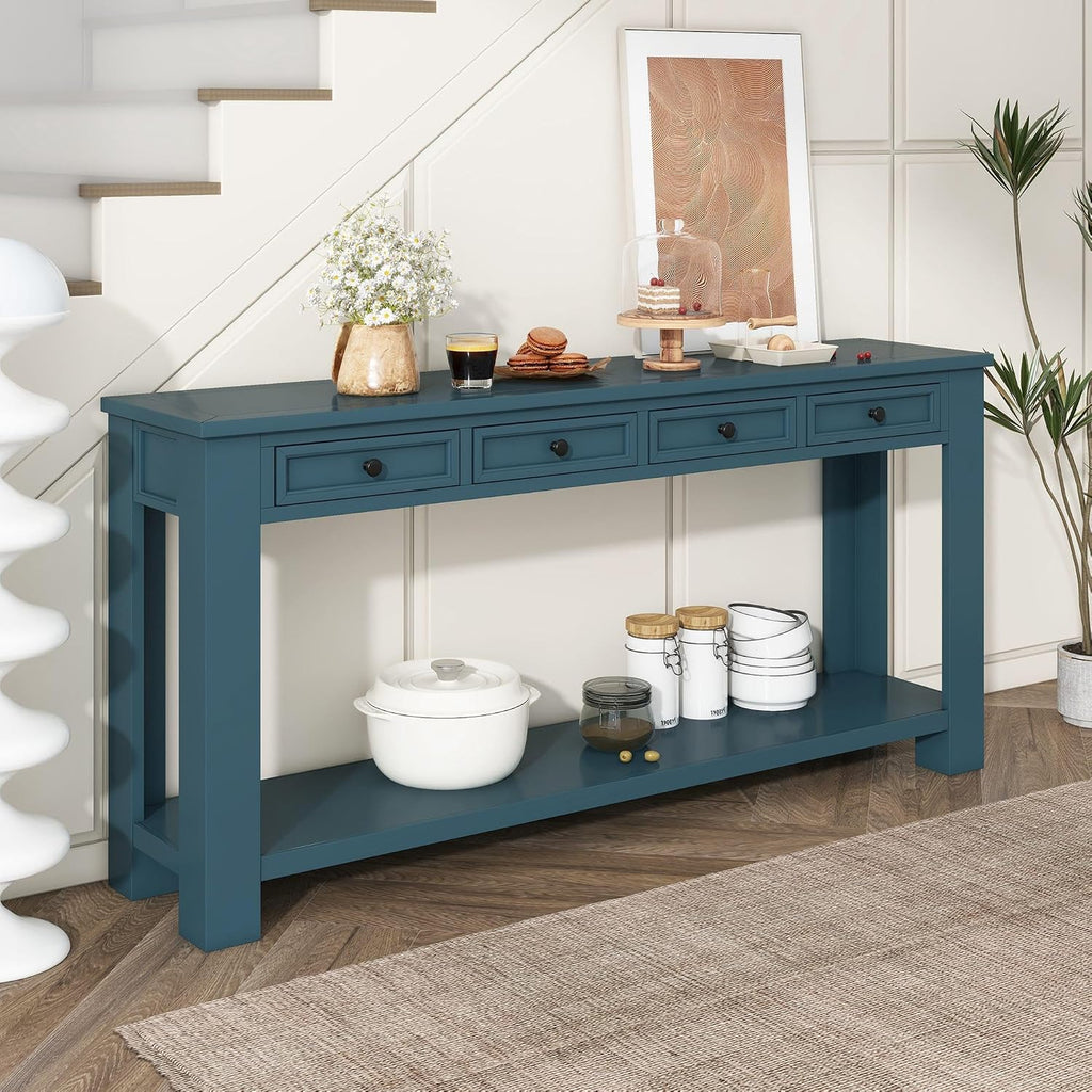 GDFStudio Farmhouse Console Table with 4 Drawer 63' Long Rustic Entryway Table with Open Storage Shelves Vintage Metal Handle Narrow Foyer Sofa Tables for Living Room Entryway Hallway, Dark Blue