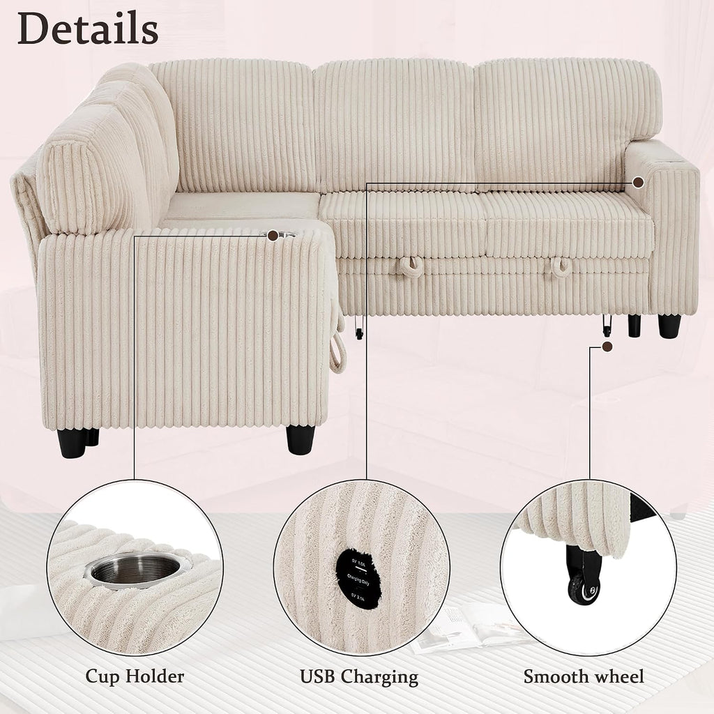 L-Shaped Sectional Couch with Storage and Pull Out Bed, Convertible Sofa Bed with USB Charging and Cup Holders, 5-Seat Modular Sleeper Sofas Convertible Couches for Living Room, Beige