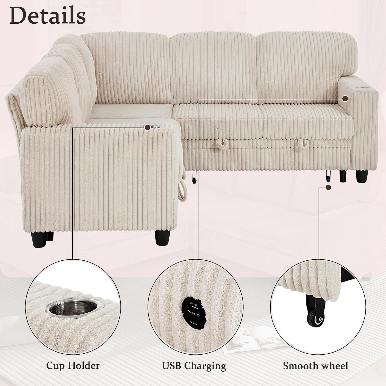 L-Shaped Sectional Couch with Storage and Pull Out Bed, Convertible Sofa Bed with USB Charging and Cup Holders, 5-Seat Modular Sleeper Sofas Convertible Couches for Living Room, Beige