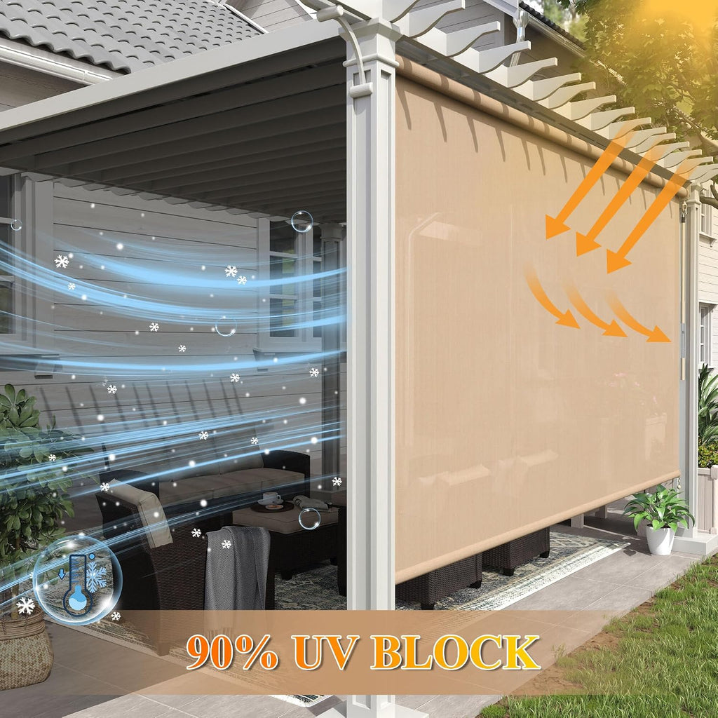 Outdoor Roller Shade 120' W x 96' H, Exterior Cordless Blinds with Splicing Design, UV Protection Roll Up Shade for Patio, Porch, Gazebo, Pergola, Wheat