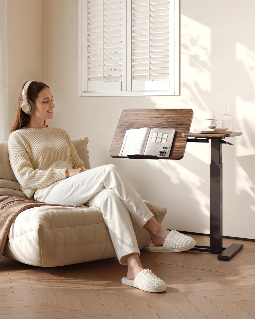 FLEXISPOT Adjustable Height C-Shaped End Table with Split Tilting Top – Mobile Side Table for Sofa & Bedside, Slides Under Furniture, Hidden Wheels for Small Spaces(31.6' W x 15.7' D,Dark Walnut)