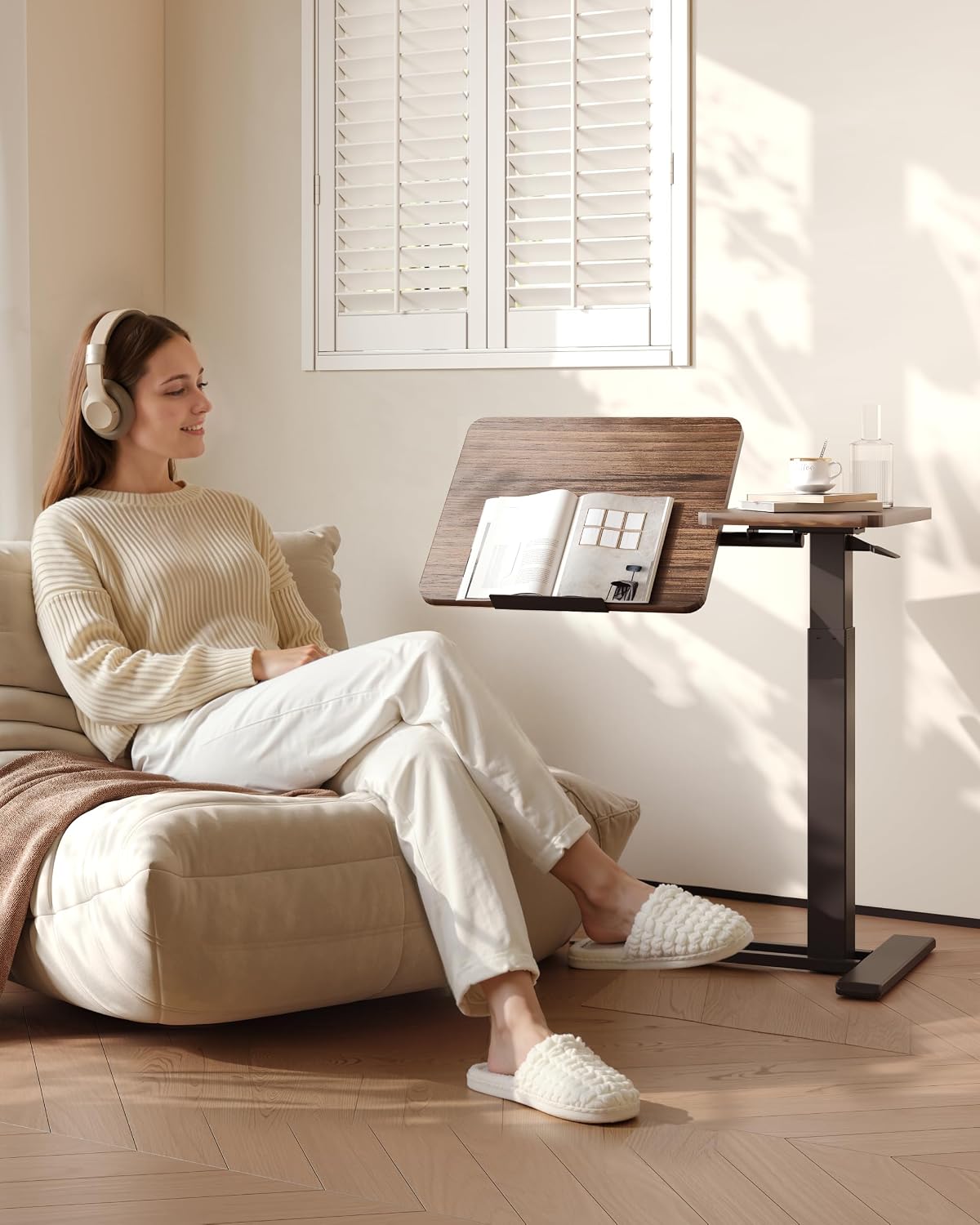 FLEXISPOT Adjustable Height C-Shaped End Table with Split Tilting Top – Mobile Side Table for Sofa & Bedside, Slides Under Furniture, Hidden Wheels for Small Spaces(31.6' W x 15.7' D,Dark Walnut)