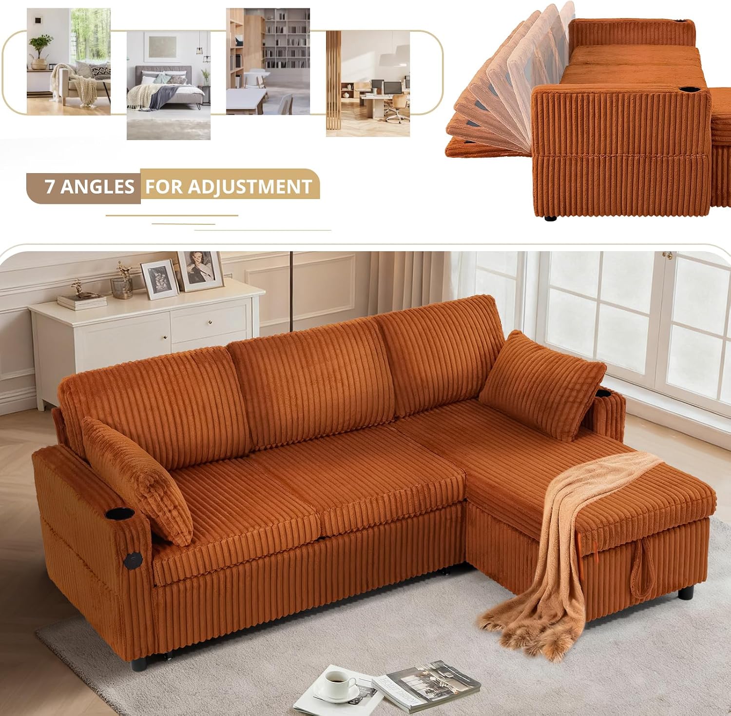84' Corduroy Sectional Sleeper Sofa Bed w/Adjustable Backrests & USB Charging Port, L-Shape Couch Bed w/Storage Chaise, Convertible 3 Seater Sofa w/Cup Holders for Living Room, House, Orange