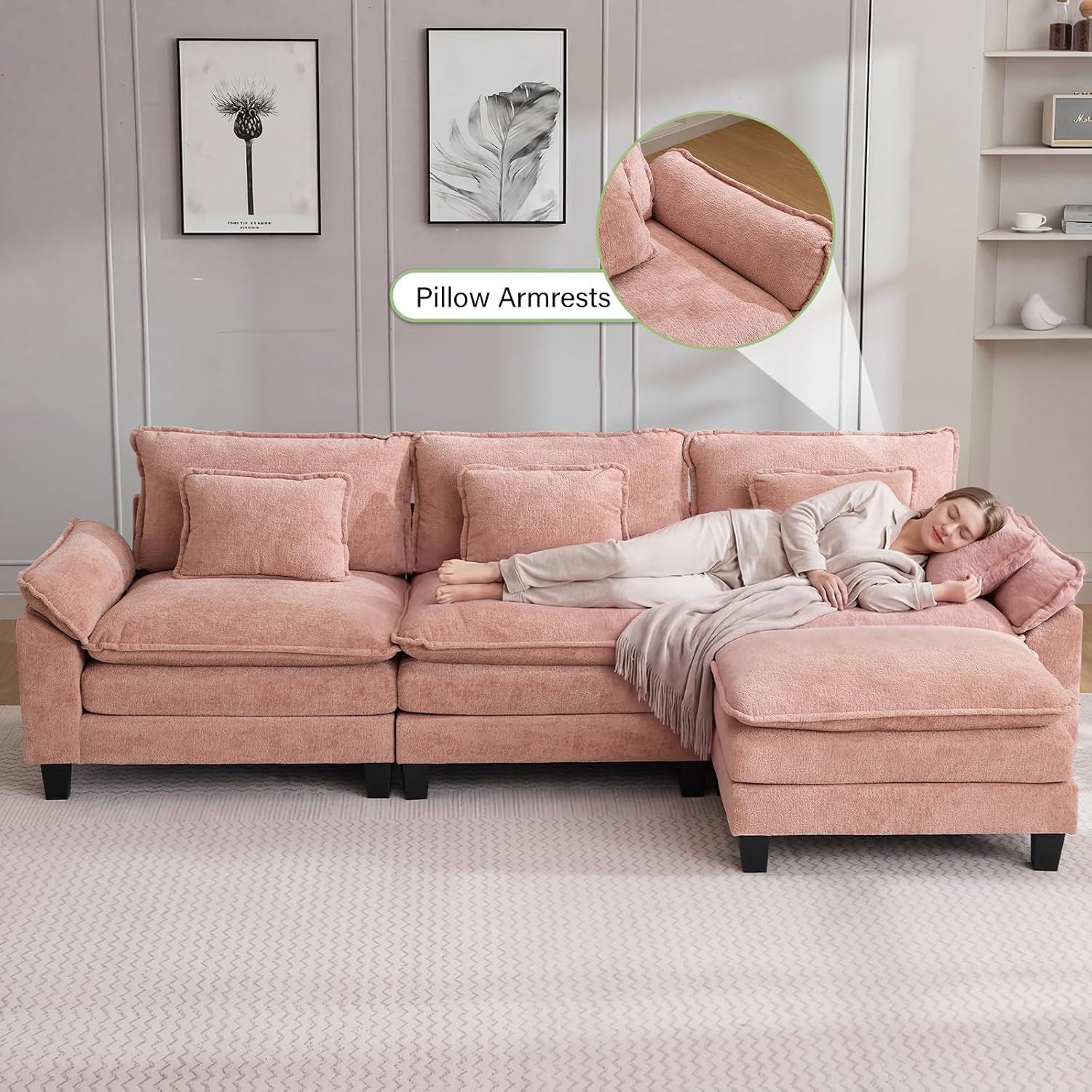 Oprisen 120' Modular Sectional Sofa, Comfy Cloud Couch Sectional Sofa with Ottoman, Chenille Sofa Sleeper Deep Seat Sofa with Throw Pillows for Living Room (Pink, 120'- L Shape)