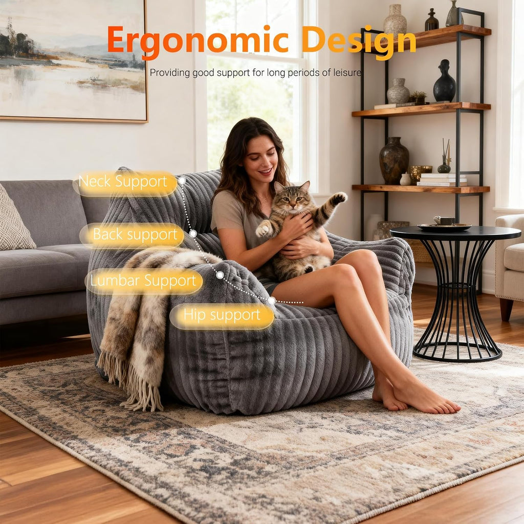 Bean Bag Chair for Adults with Armrests, Bean Bag Sofa with Back Support for Living Room, Bedroom, Dorm, Cozy Fluffy BeanBag Lazy Couch (Gray)