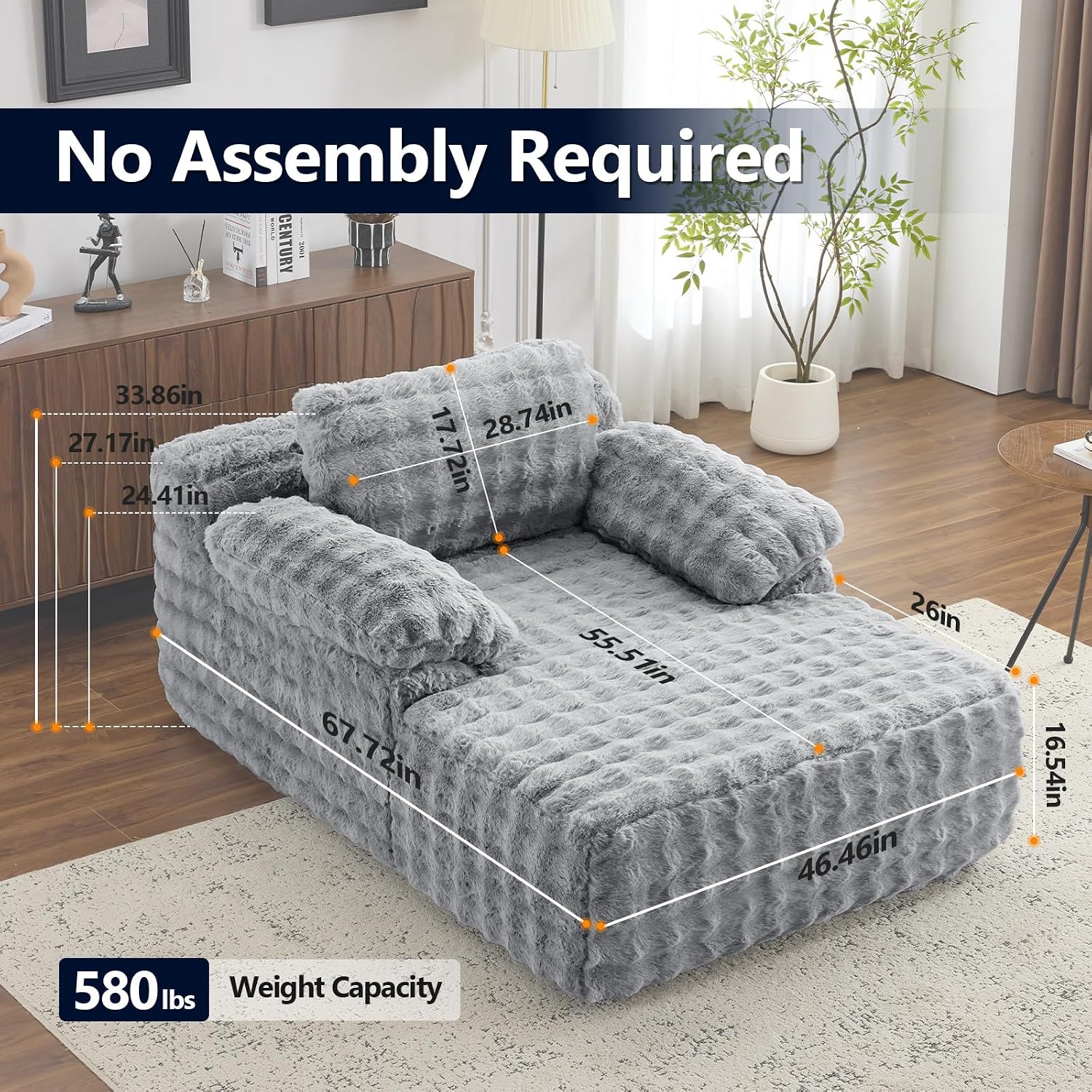 VINGLI Boneless Chaise Lounge Chair, Light Grey Oversized Reading Chair Upholstered Bubble Fleece Cloud Couch Sofa Recliner Bed Comfy Sleeper Lounge for Living Room, Movie Room, Bedroom