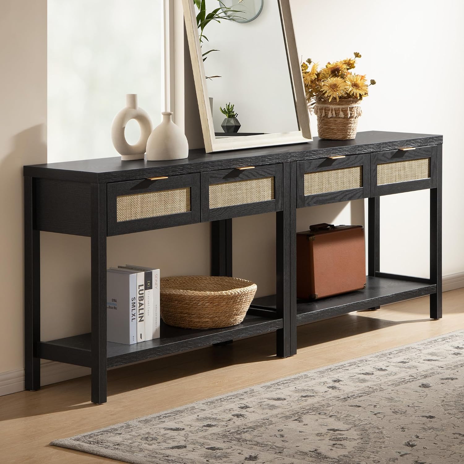 SICOTAS Black Console Table Set of 2 - Boho Entryway Table with Rattan Drawers, 2 Tier Shelf, Narrow Long Sofa Tables for Living Room, Entry Table for Hallway, Foyer