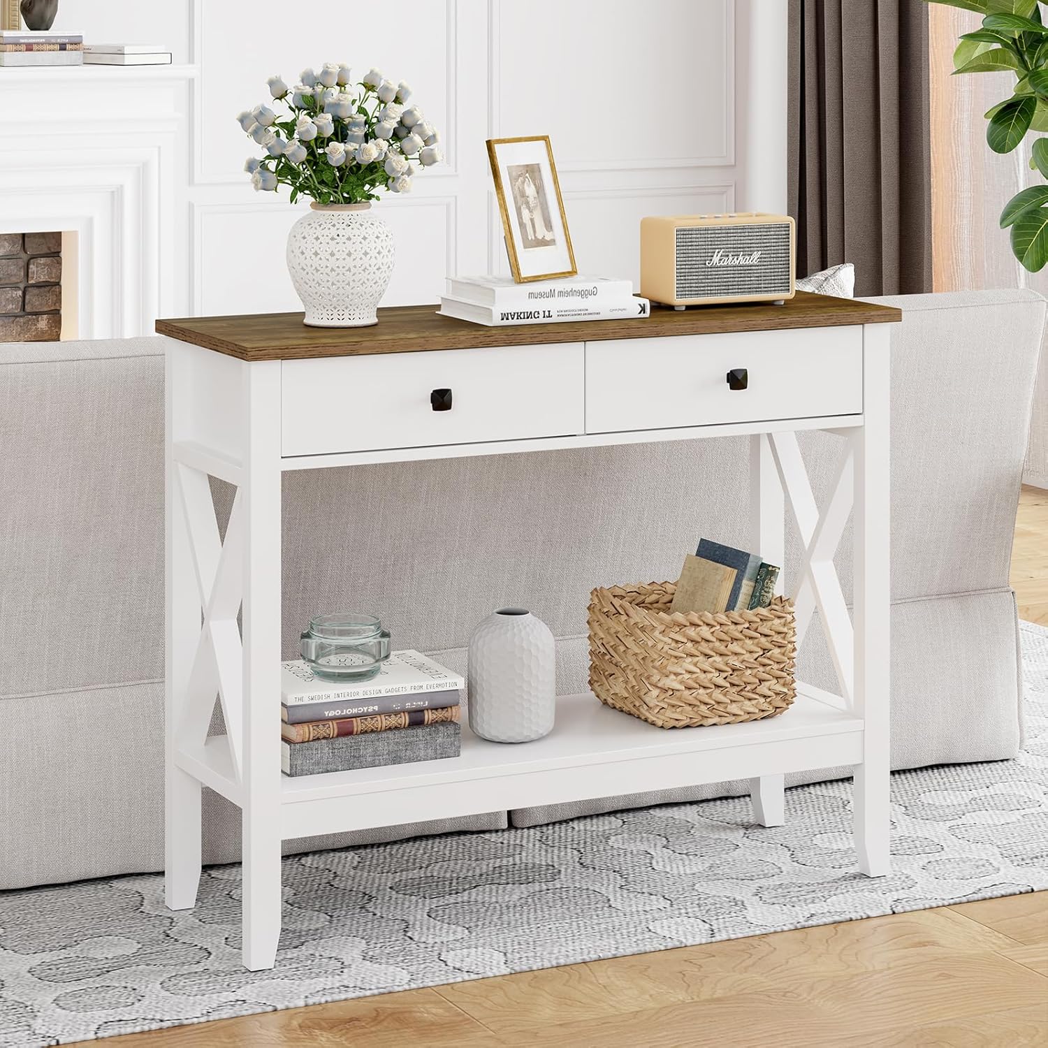 Lomojo Console Table,Sofa Table 13.8' D x 39.37' W x 31.5' HEntryway Table with 2 Drawers Storage Shelve Foyer Table for Entryway Farmhouse Hallway Tables (White)