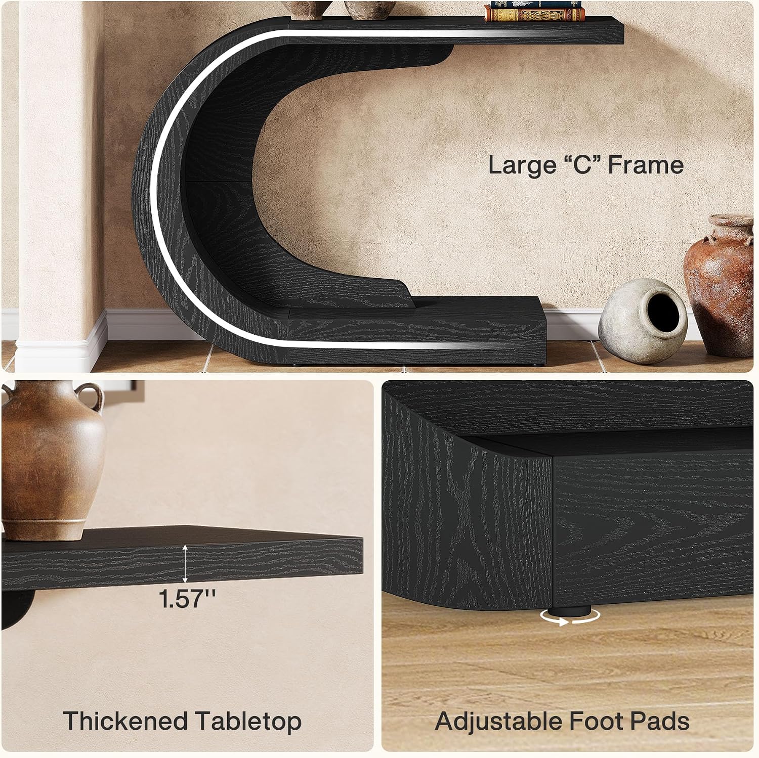 Tribesigns 43.3' Farmhouse Console Table for Entryway, Unique C-Shaped Rustic Sofa Table Behind Couch with Storage for Living Room, Hallway, Entry, Entrance, Foyer, Easy Assembly, Black