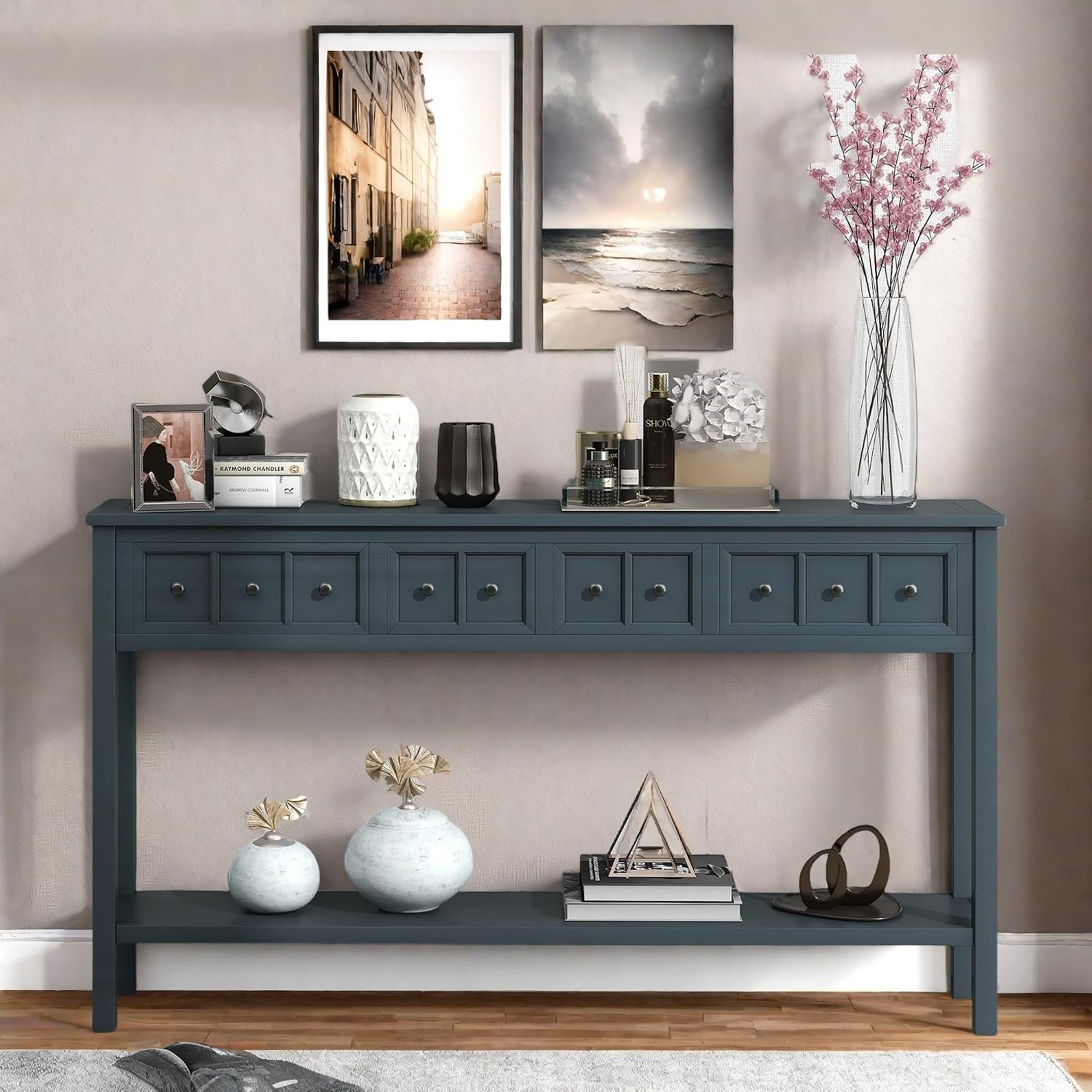 Merax Farmhouse Entryway Console Table with 4 Drawers and Shelf, Sofa Table Behind Couch, Navy Blue