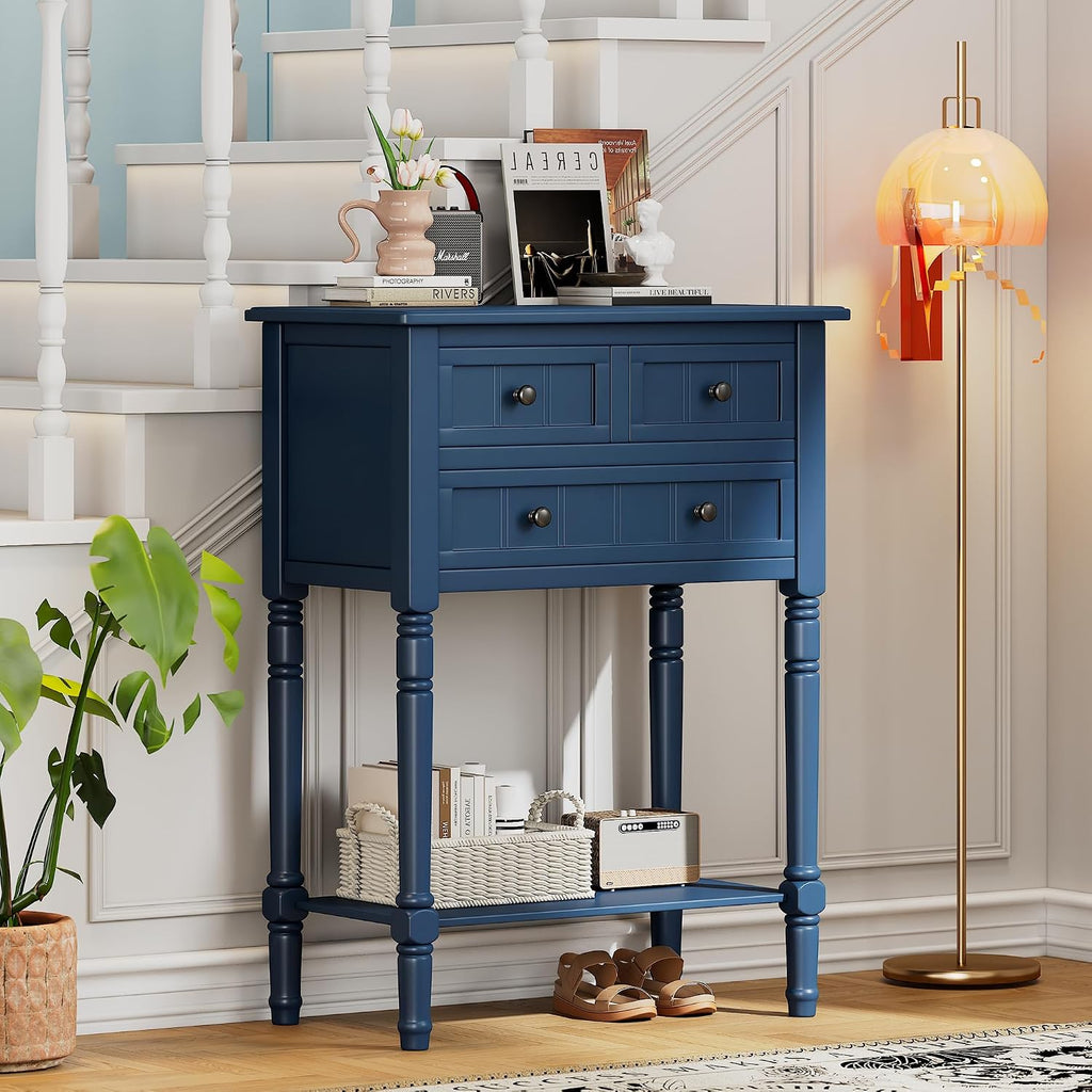 Merax Narrow Console Table, Elegant Slim Entryway Table Sofa Table with Three Storage Drawers and Bottom Shelf for Entryway for Hallway, and Living Room (Navy)